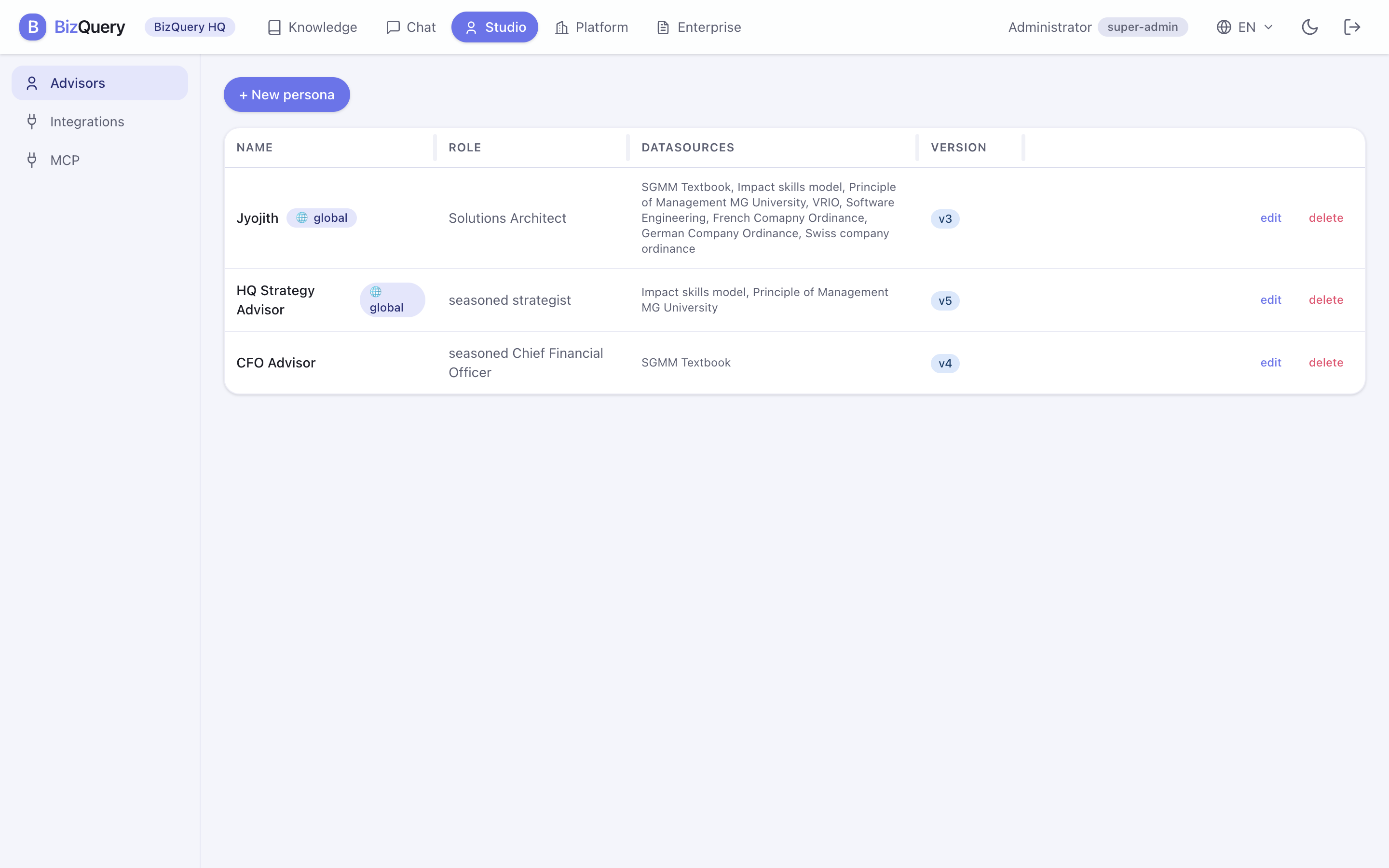 Screenshot der BizQuery-Ansicht: Berater