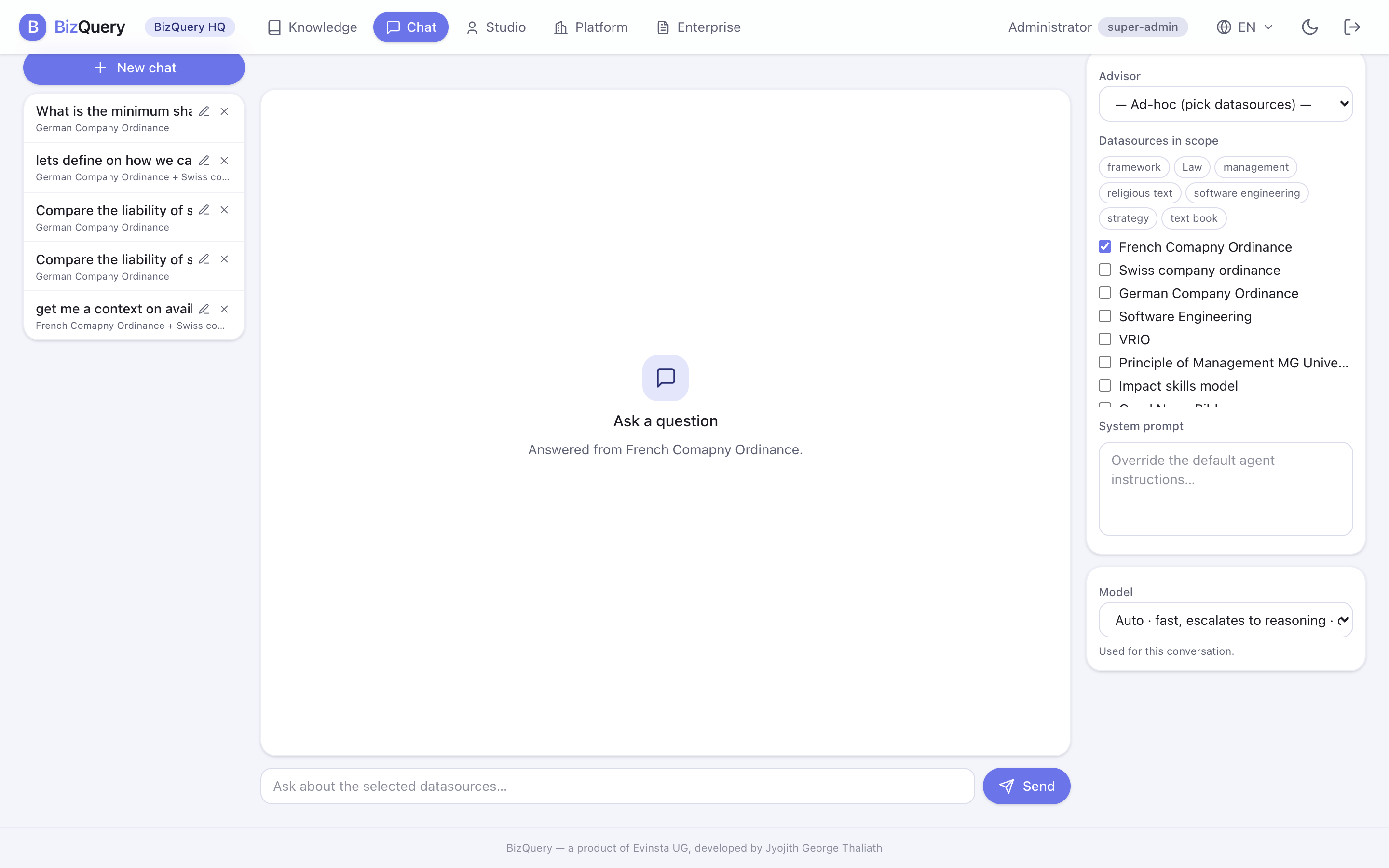 Screenshot der BizQuery-Ansicht: Chat