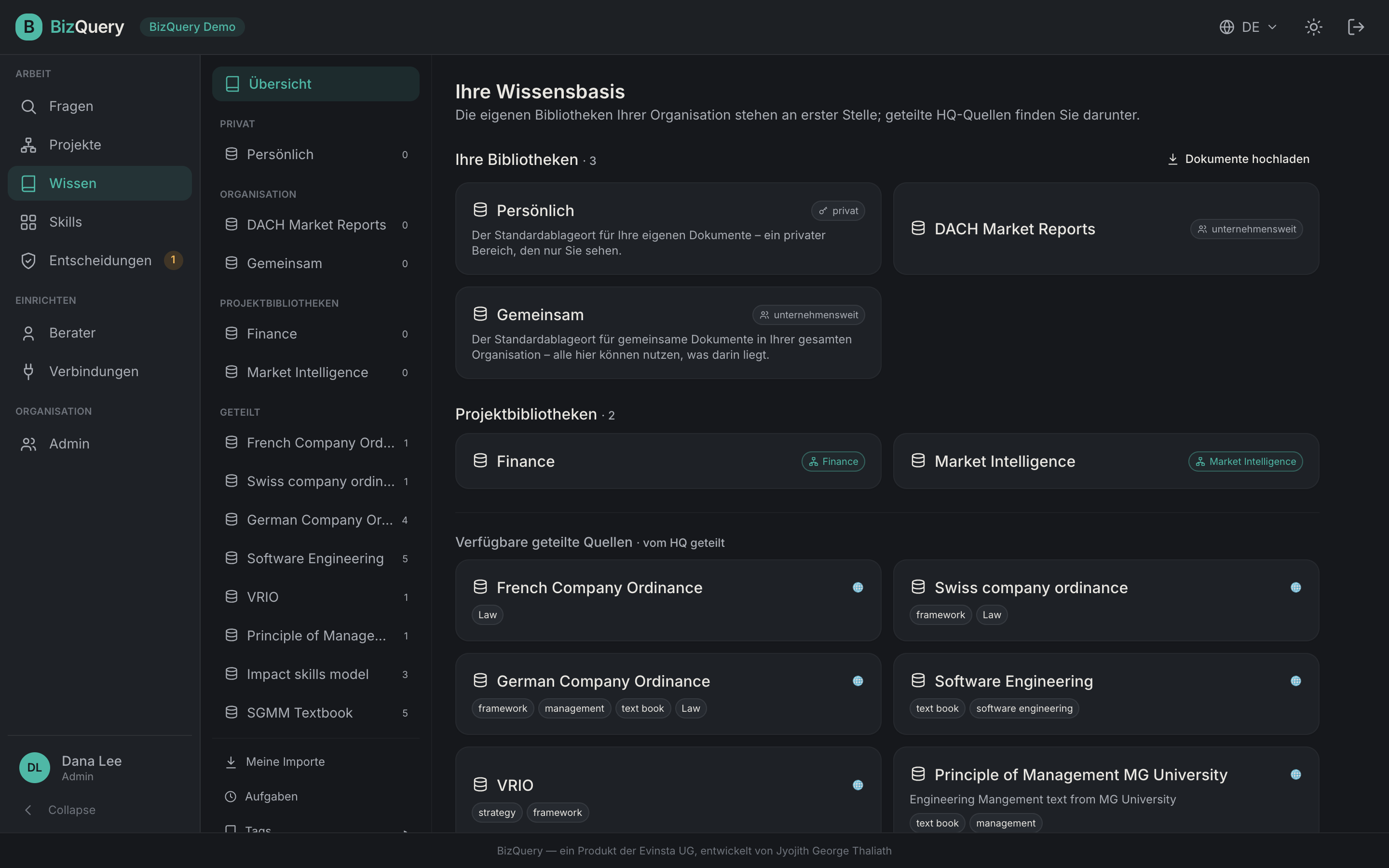 Screenshot der BizQuery-Ansicht: Wissen