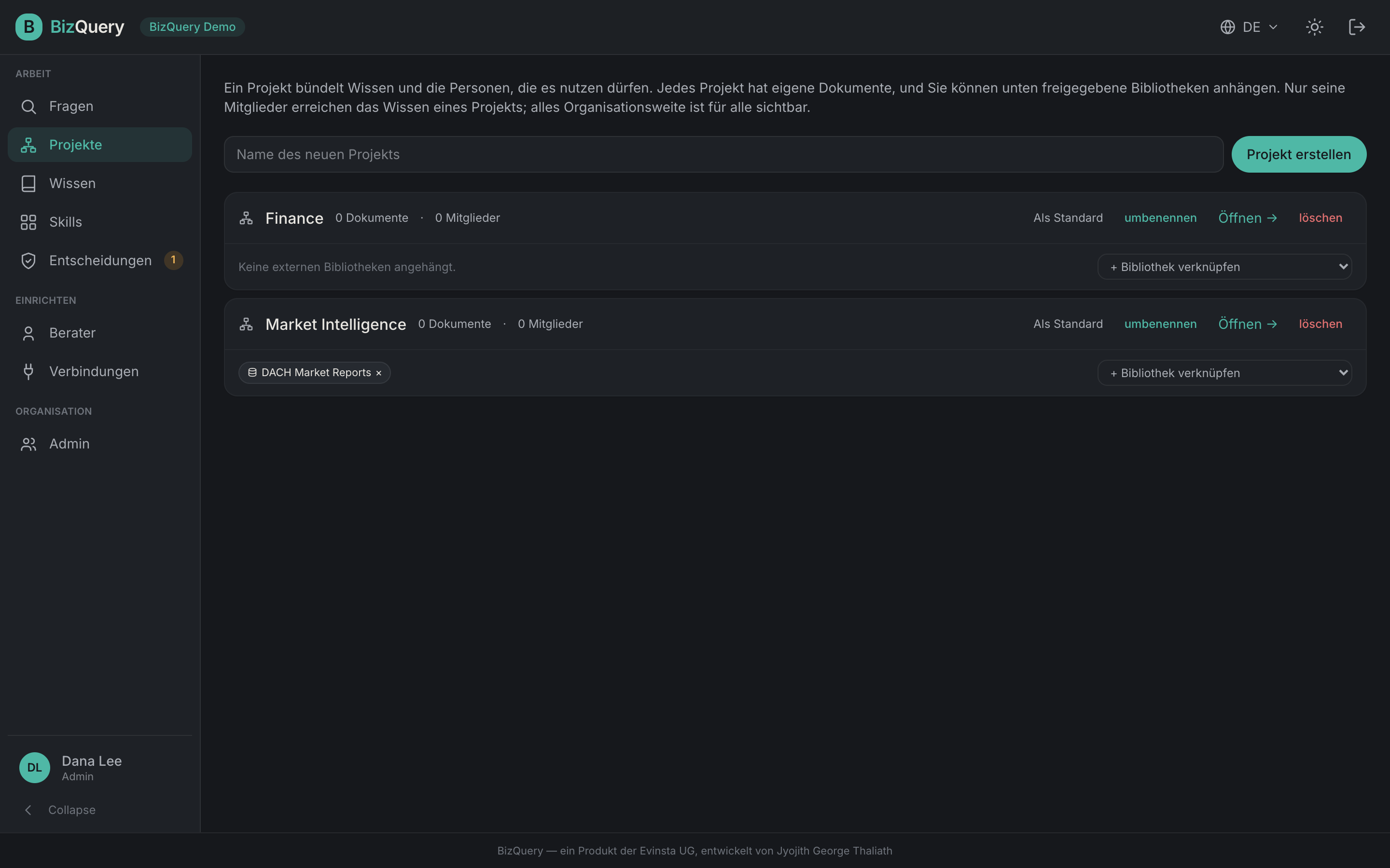 Screenshot der BizQuery-Ansicht: Projekte