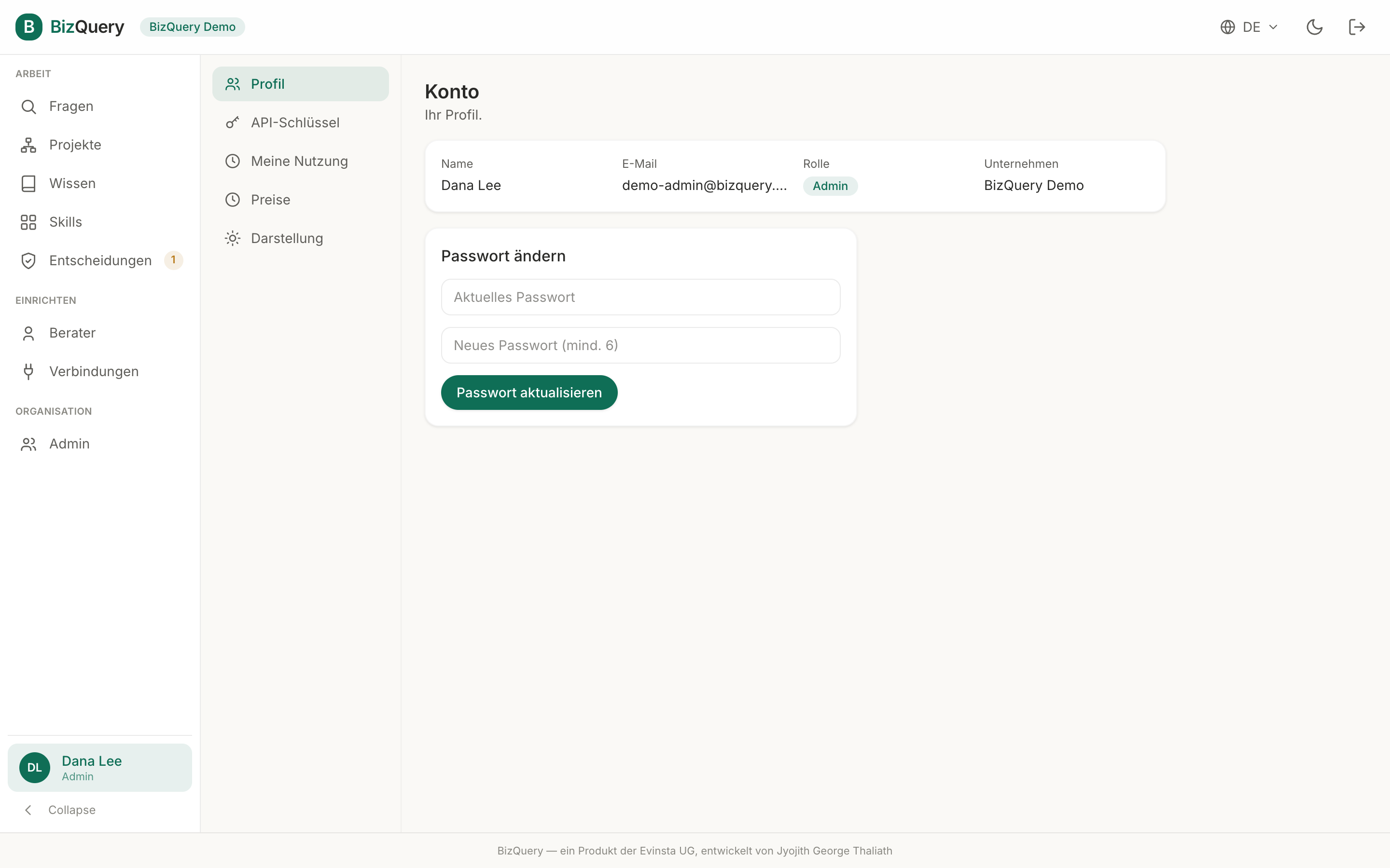 Screenshot der BizQuery-Kontoeinstellungen