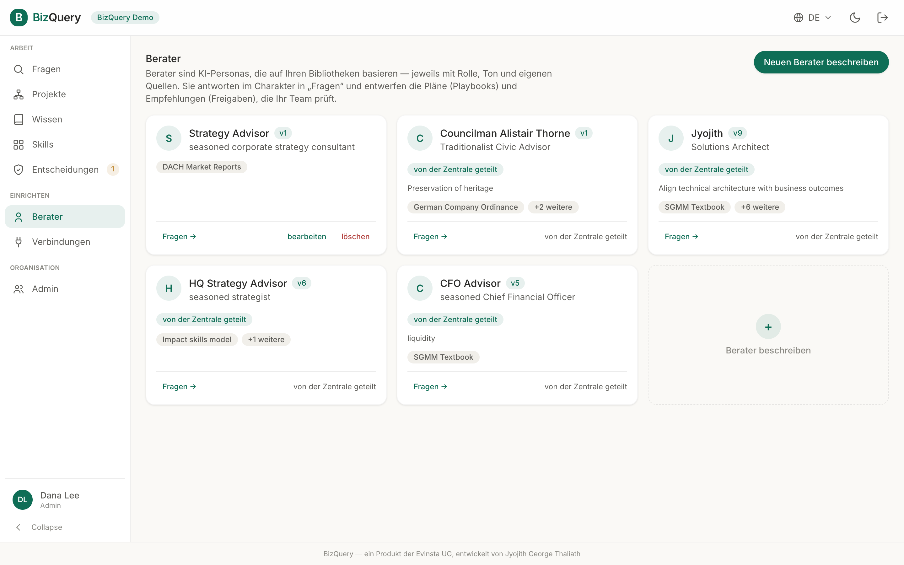 Screenshot der BizQuery-Ansicht: Berater