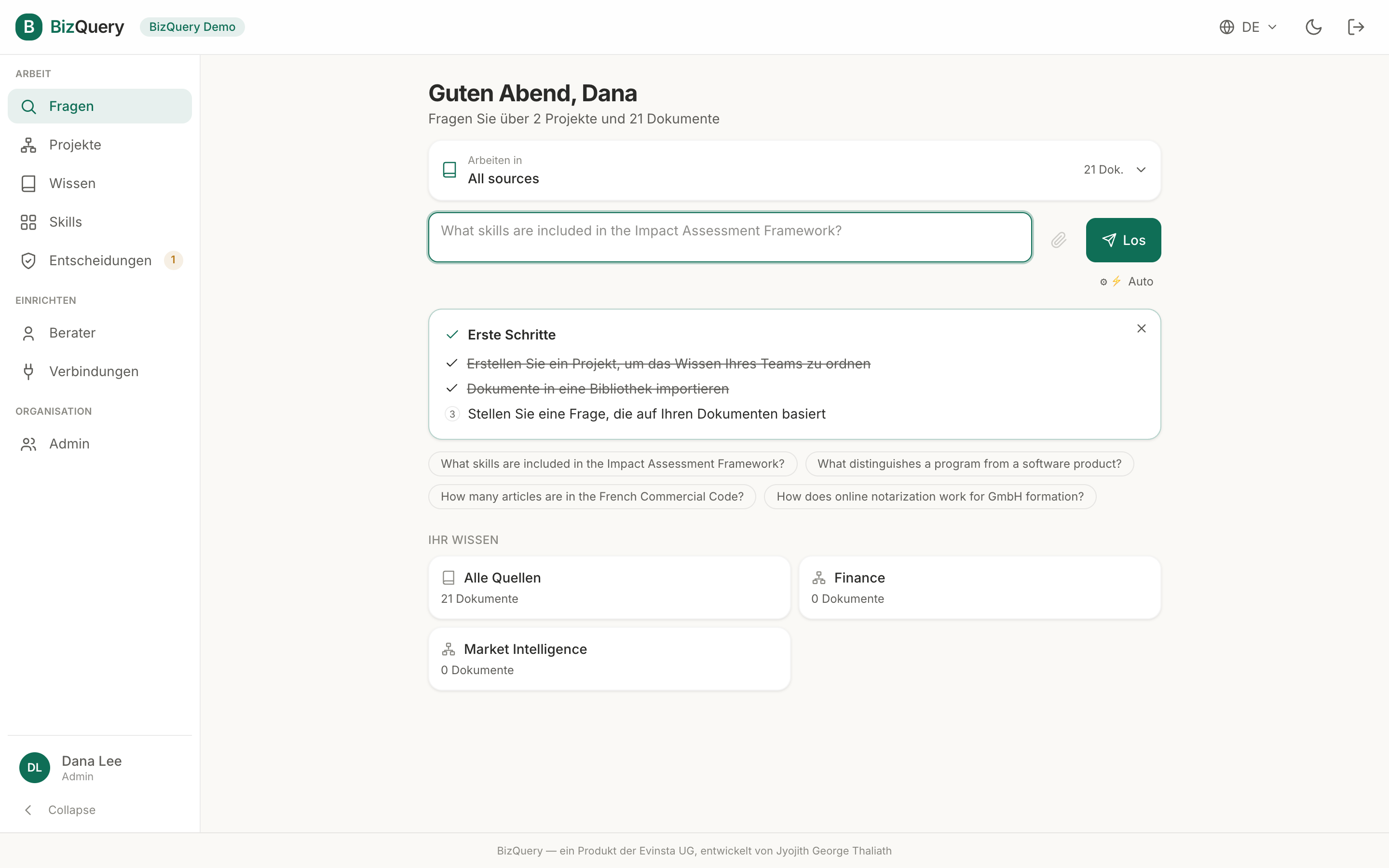 Screenshot der BizQuery-Ansicht: Fragen