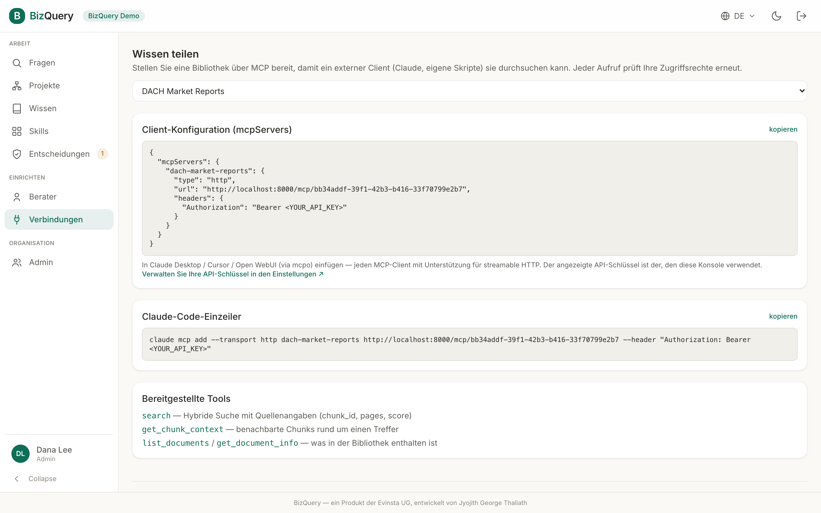 Screenshot der BizQuery-Ansicht: Verbindungen