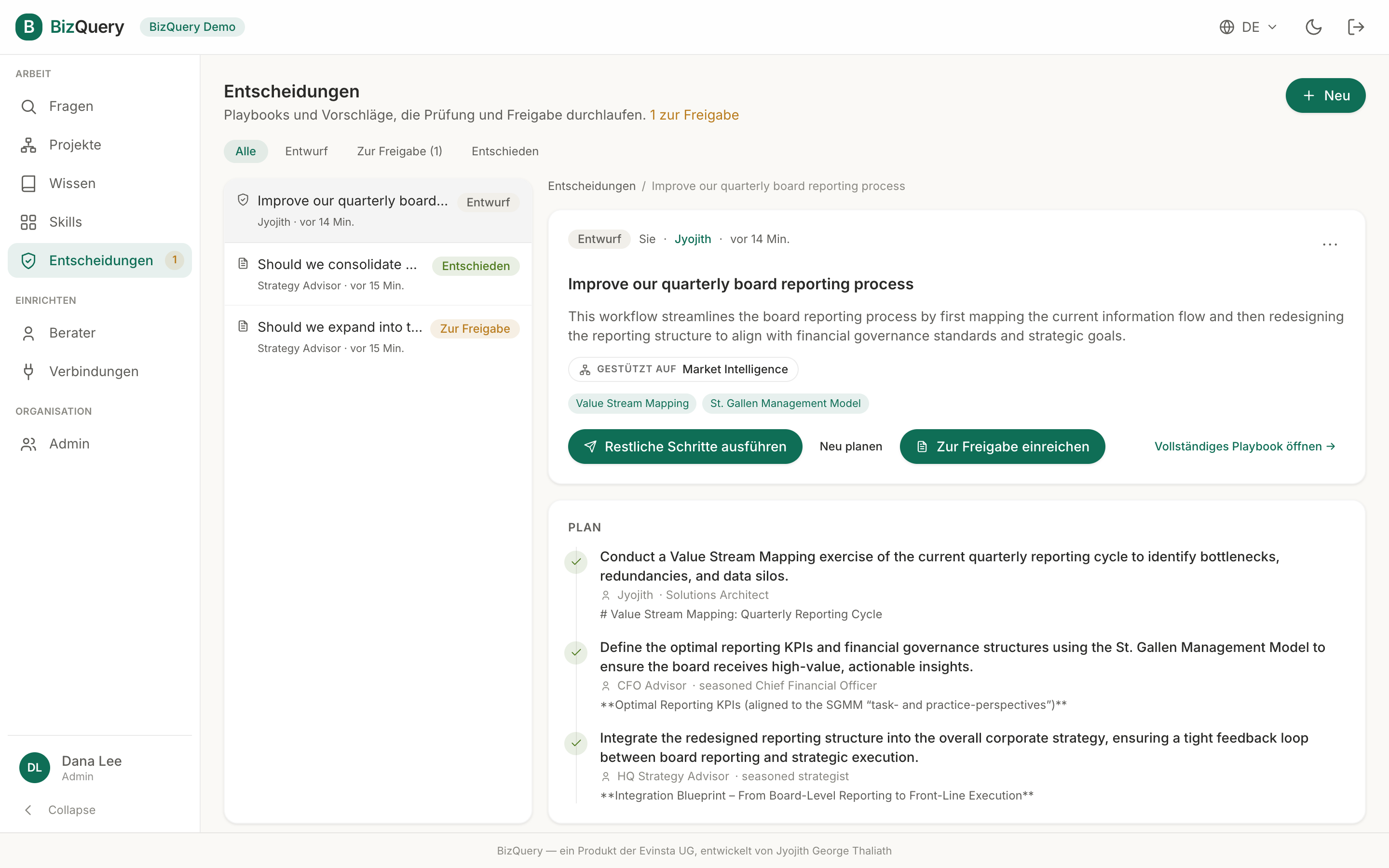 Screenshot der BizQuery-Ansicht: Entscheidungen