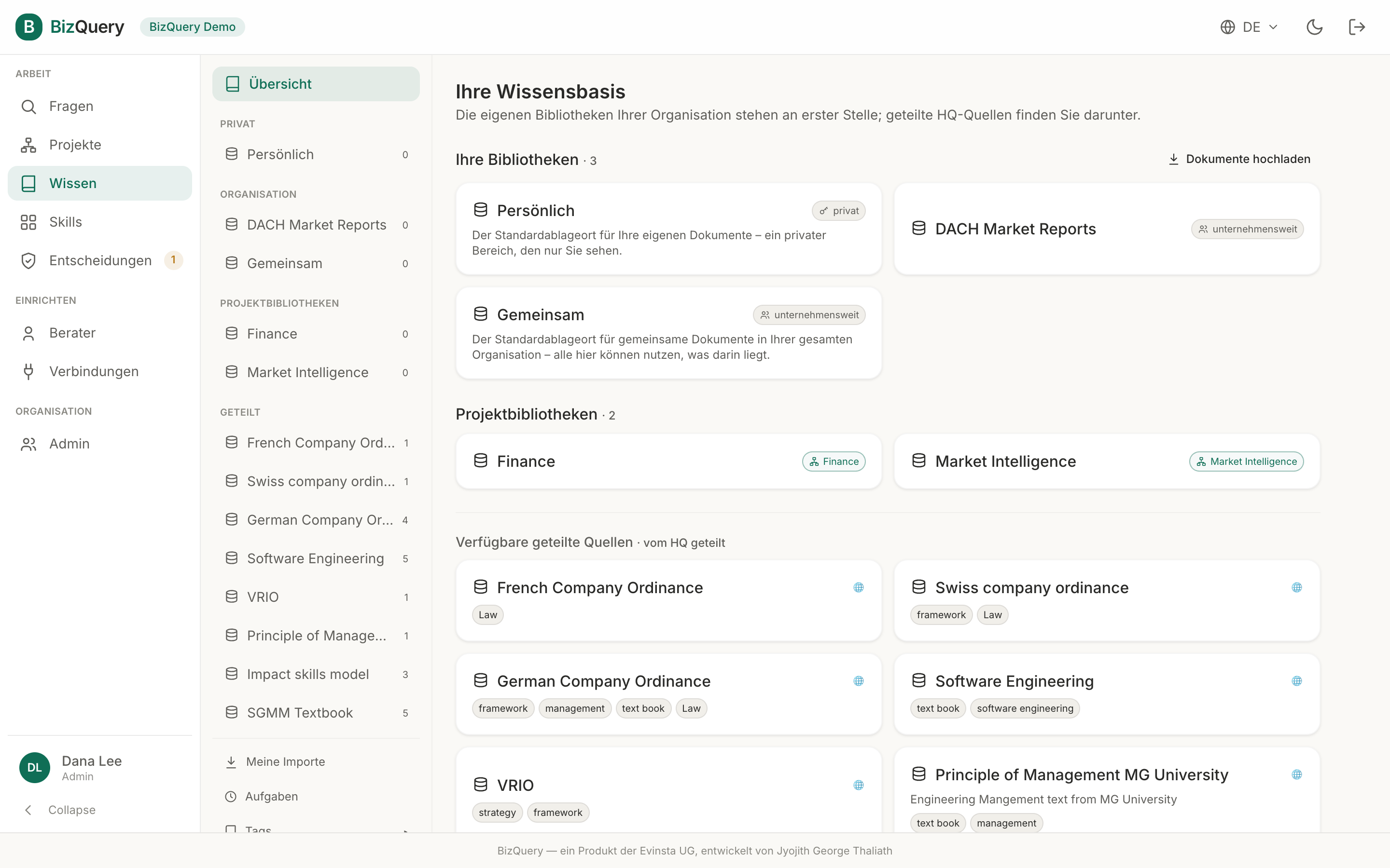 Screenshot der BizQuery-Ansicht: Wissen