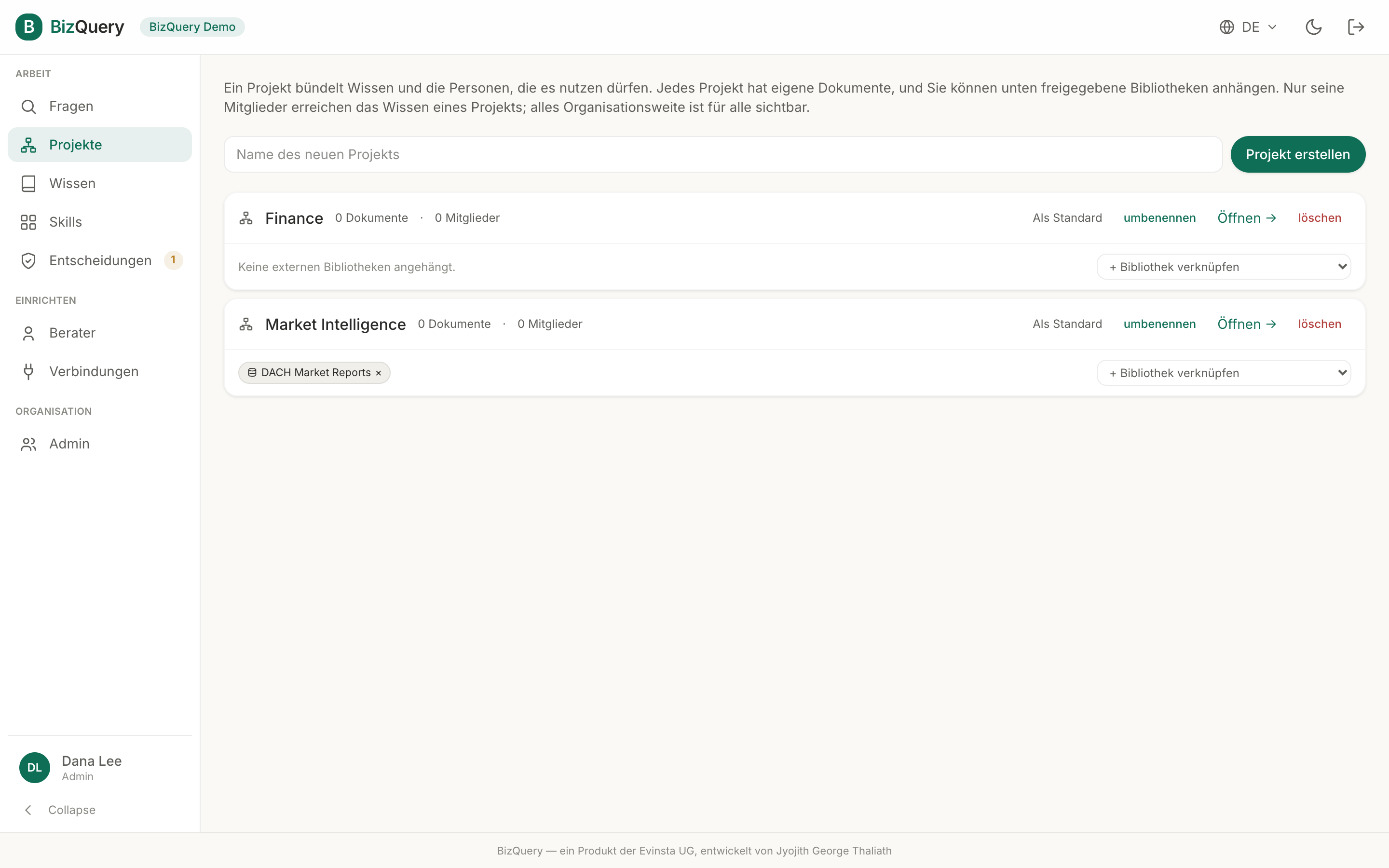 Screenshot der BizQuery-Ansicht: Projekte