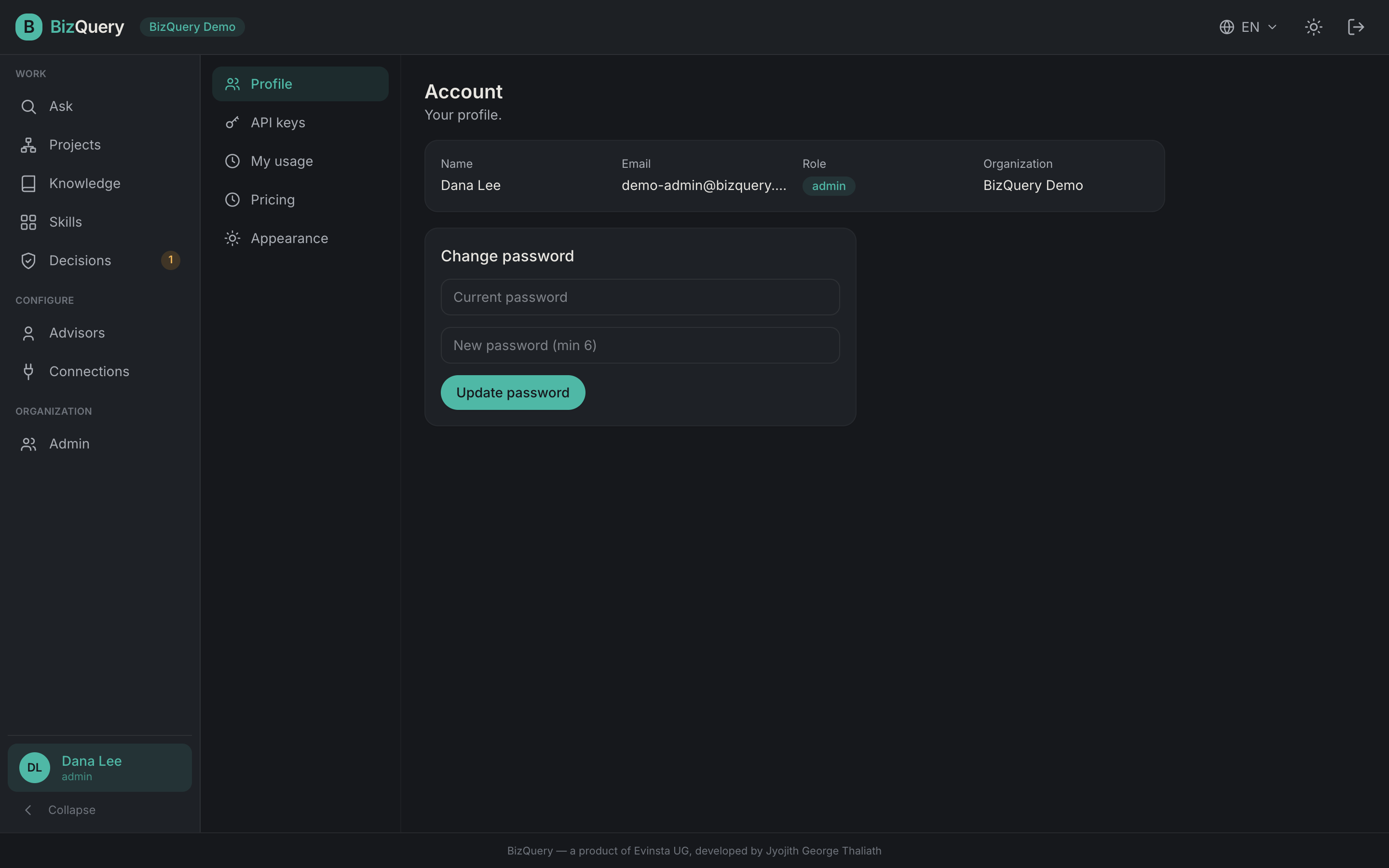 Screenshot of the BizQuery account settings