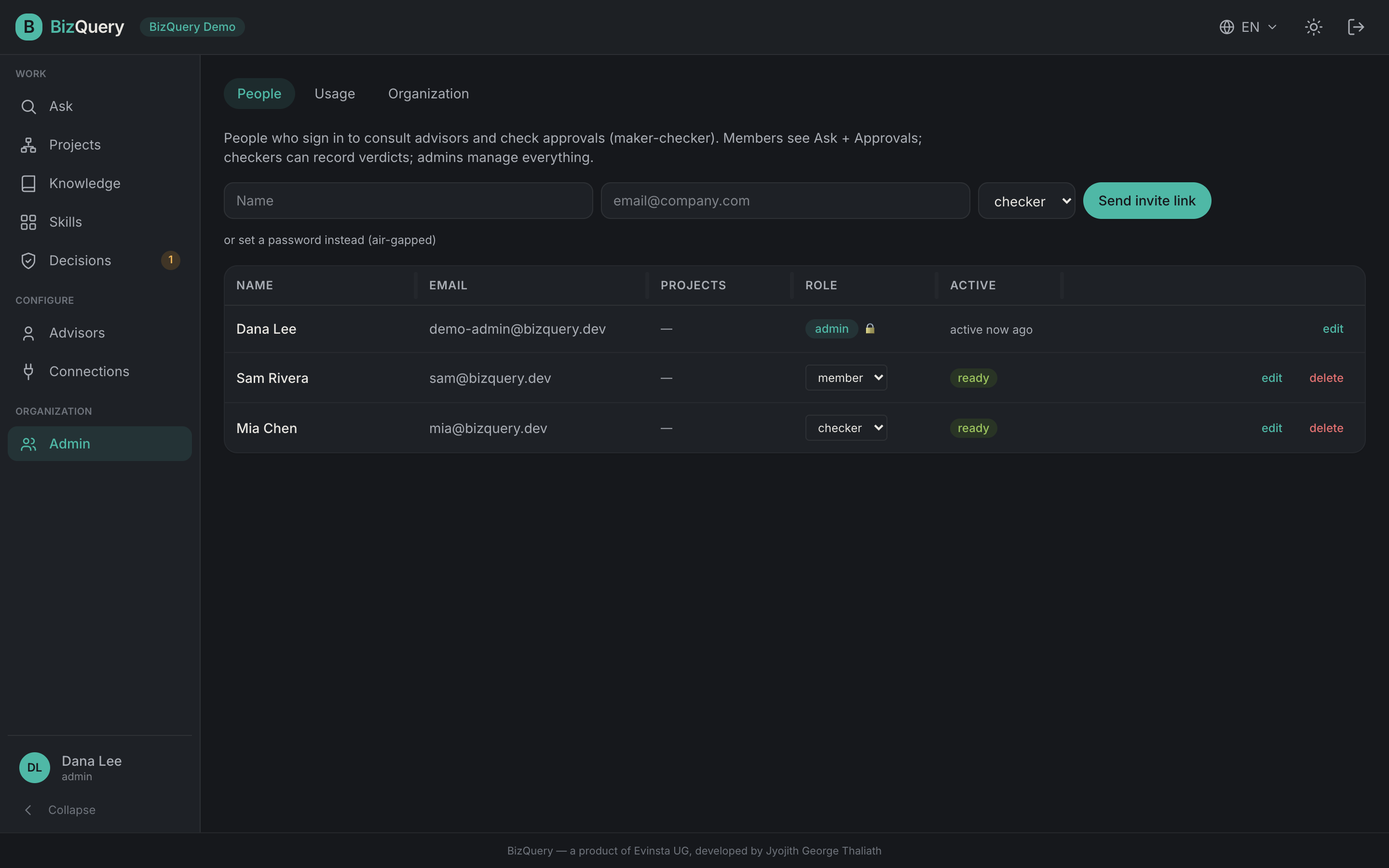 Screenshot of the BizQuery Admin view