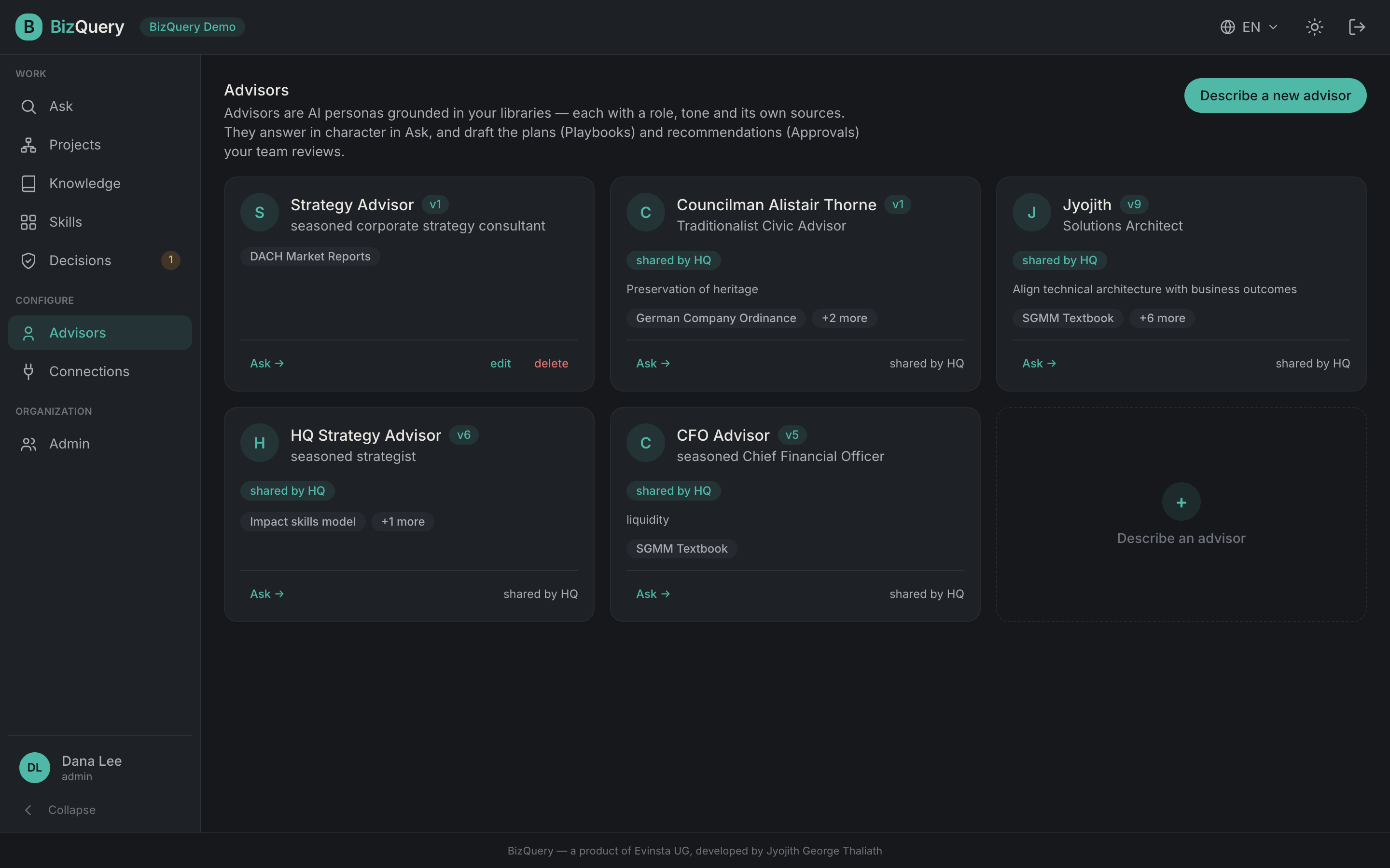 Screenshot of the BizQuery Advisors view
