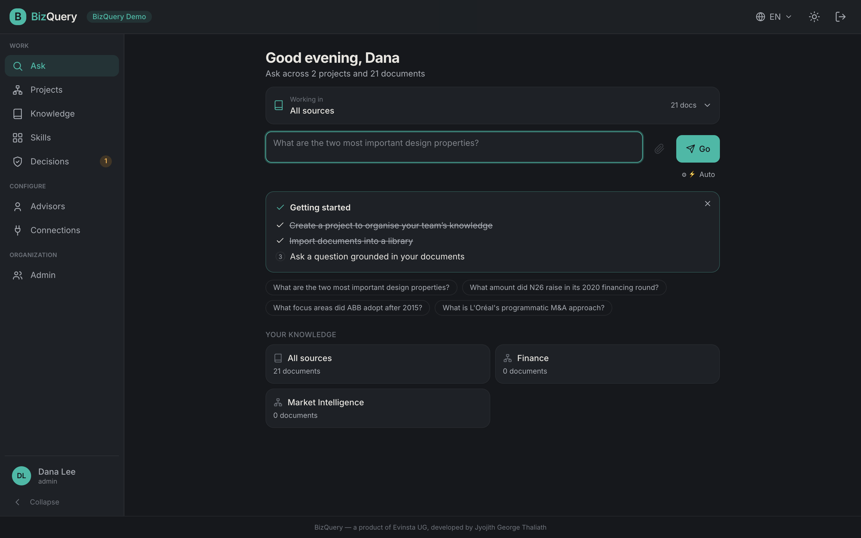 Screenshot of the BizQuery Ask view