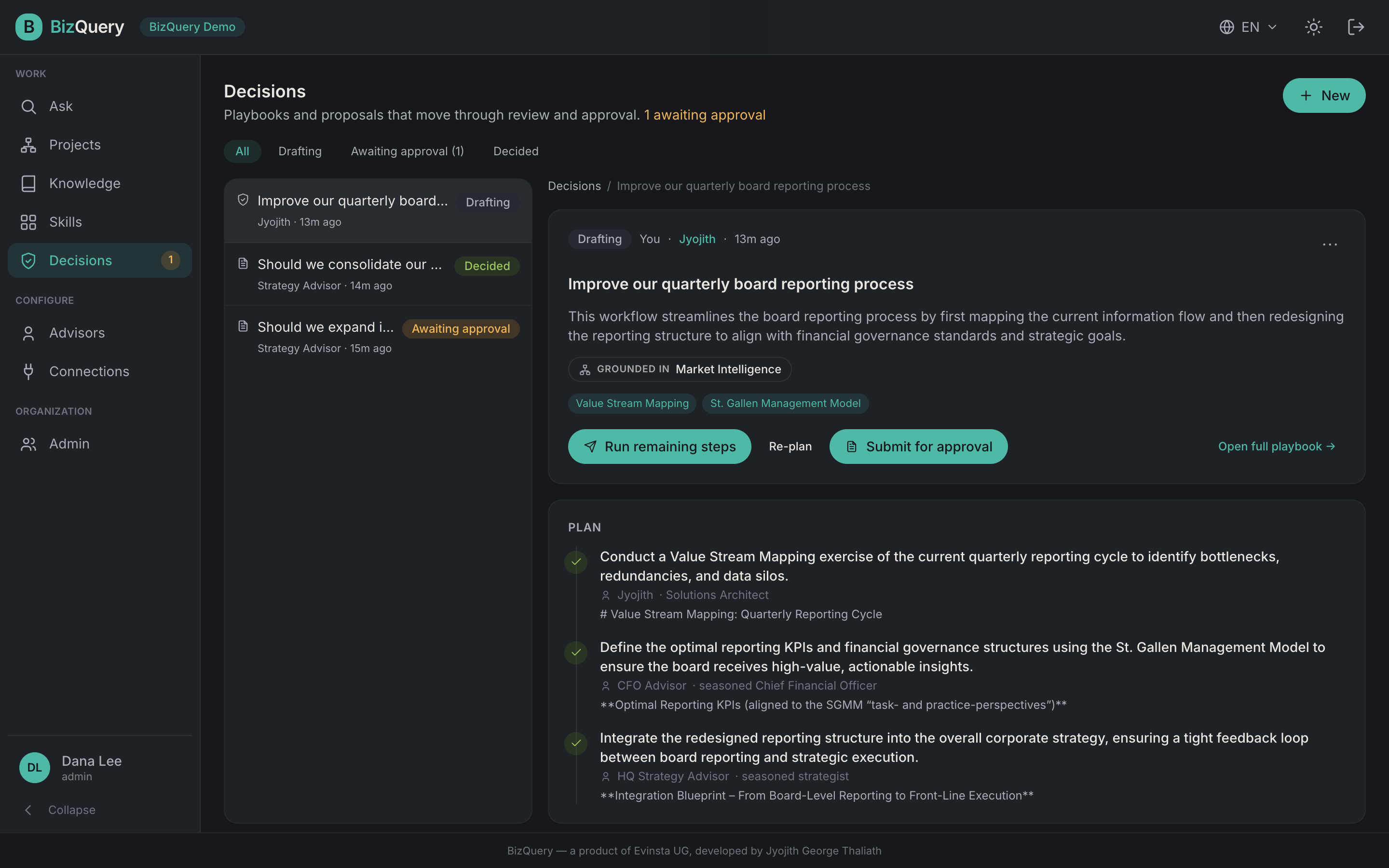 Screenshot of the BizQuery Decisions view