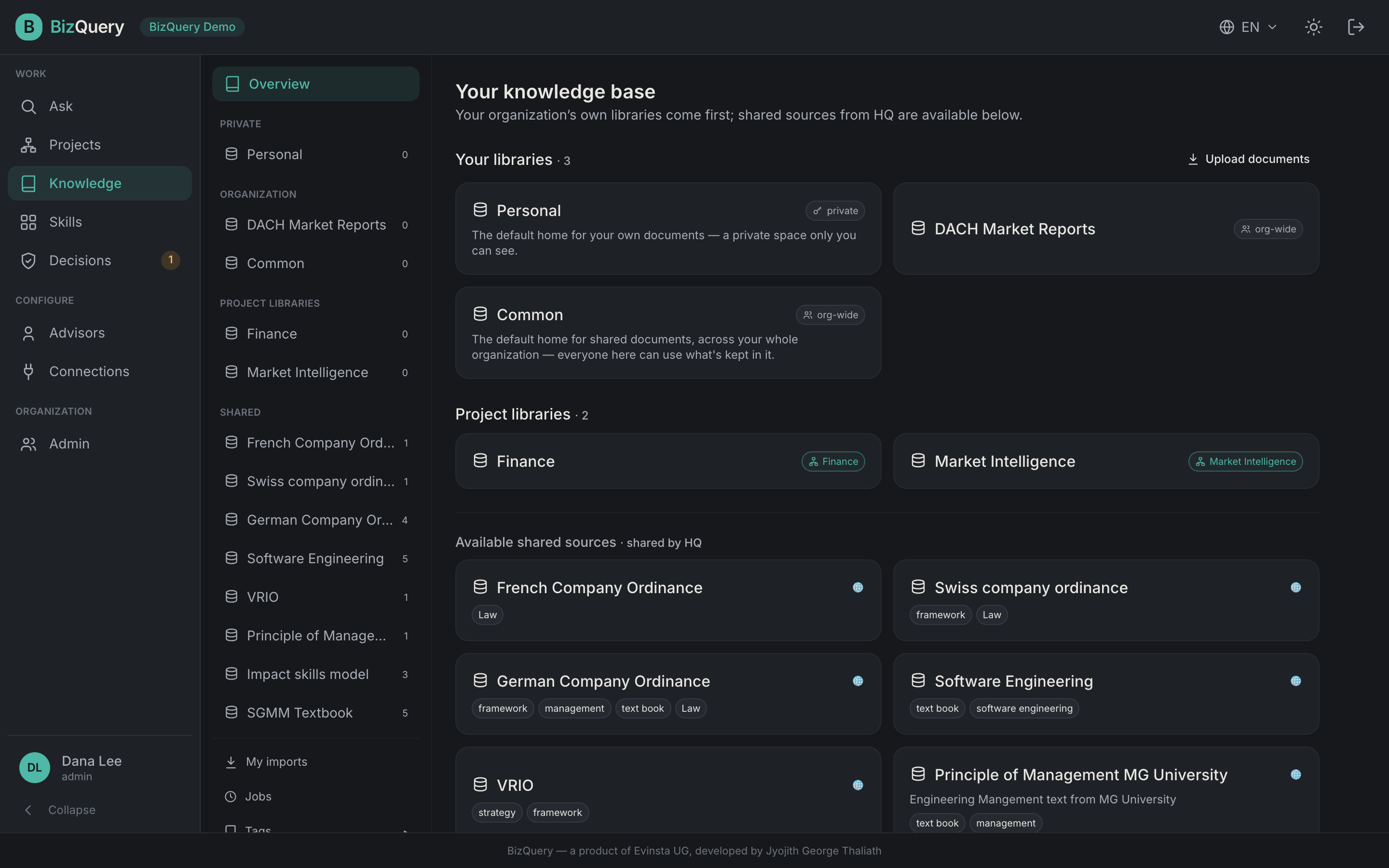 Screenshot of the BizQuery Knowledge view