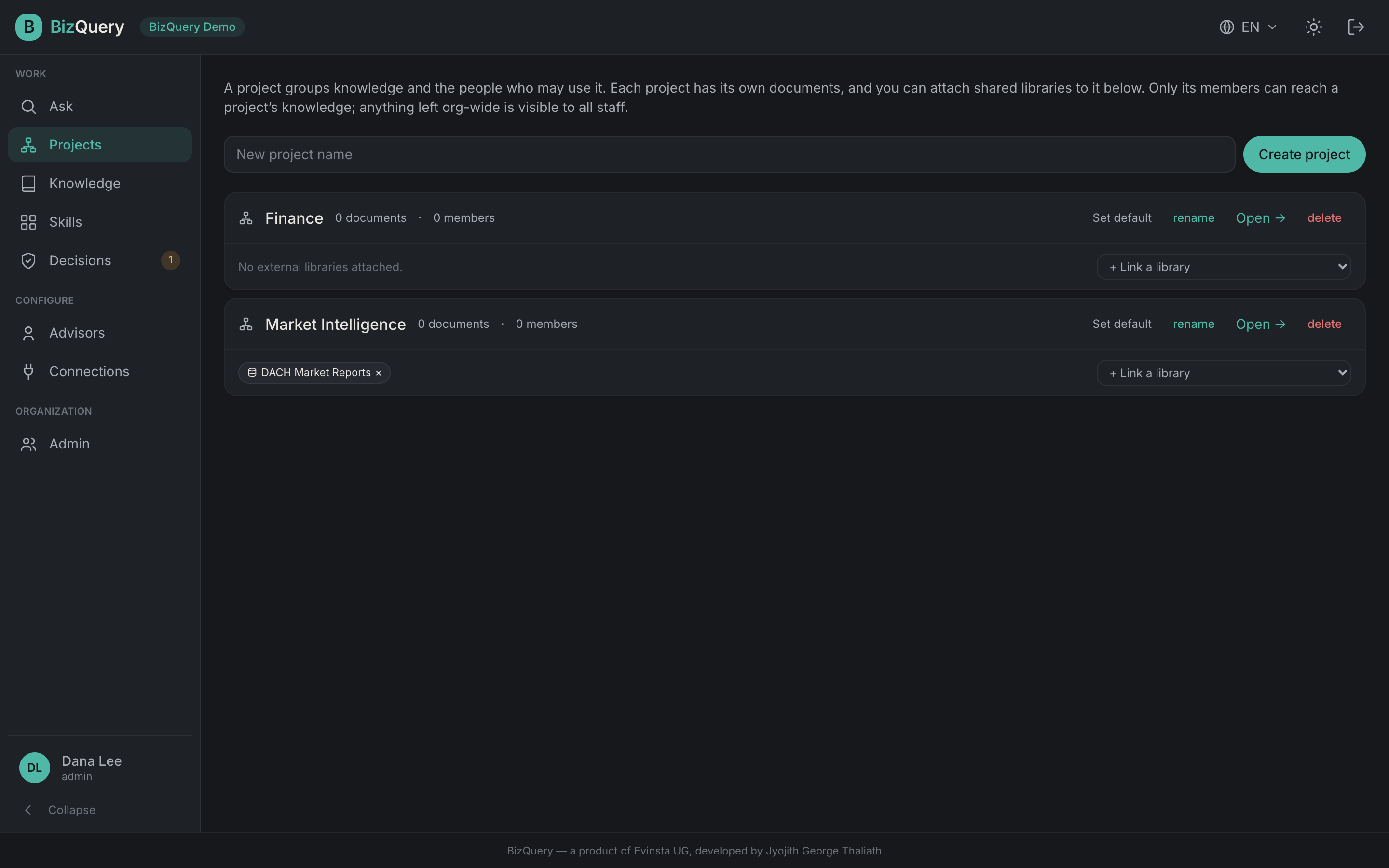 Screenshot of the BizQuery Projects view