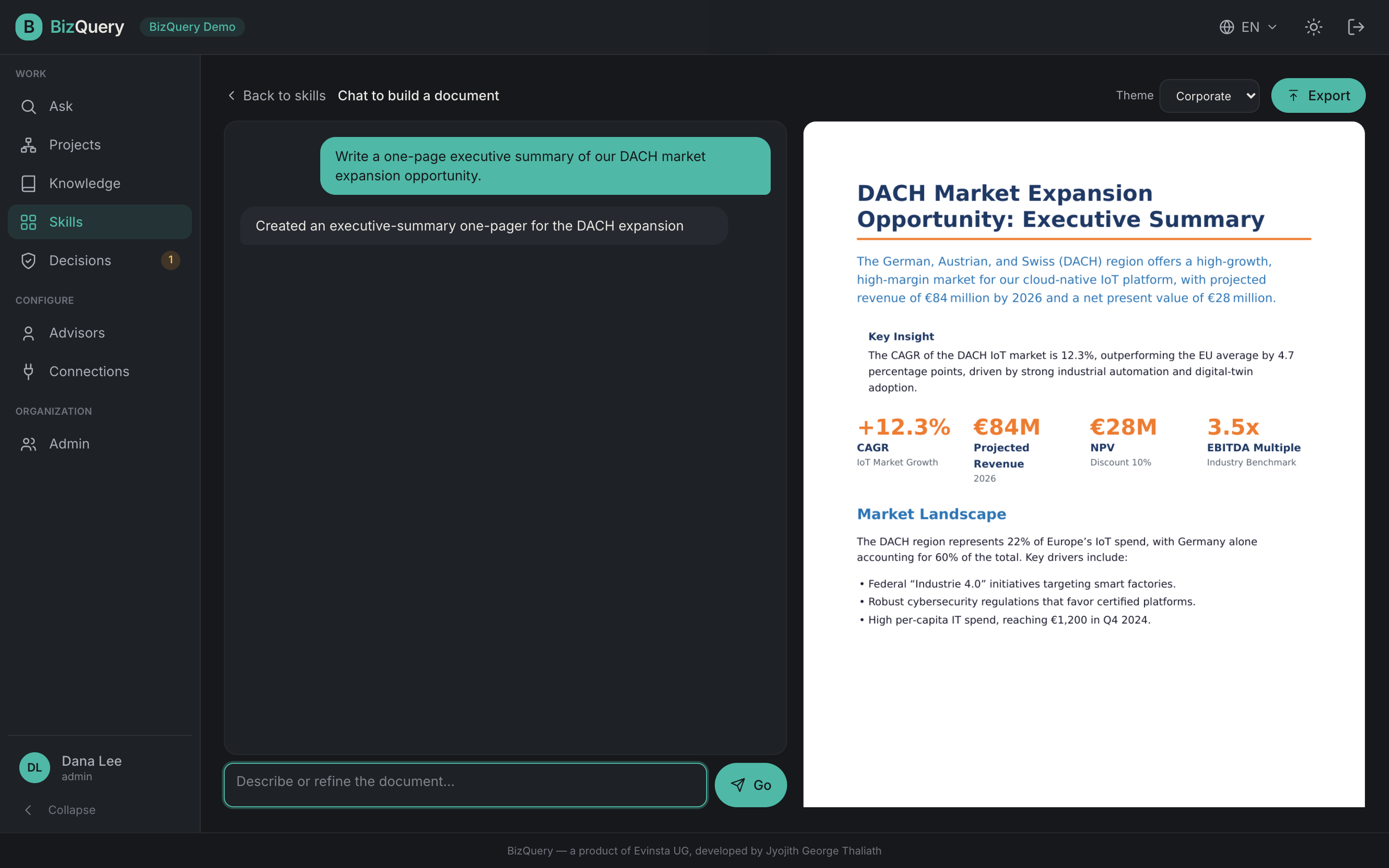 Screenshot of the BizQuery Skills view