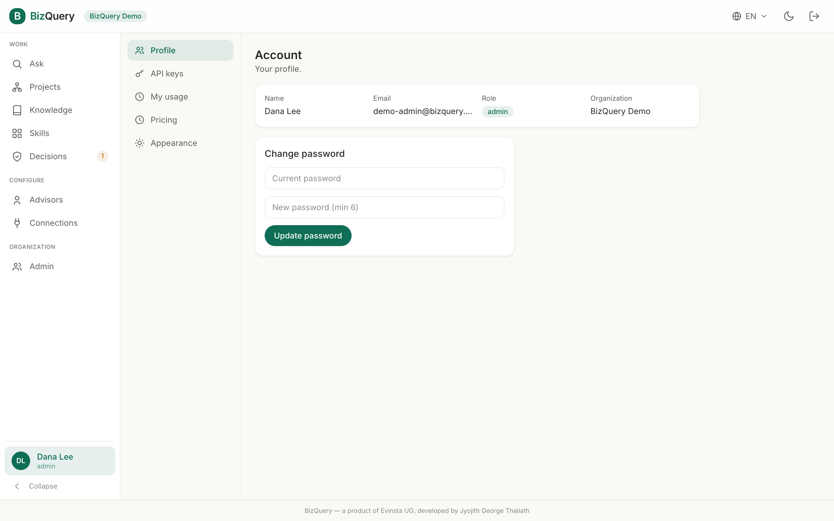 Screenshot of the BizQuery account settings