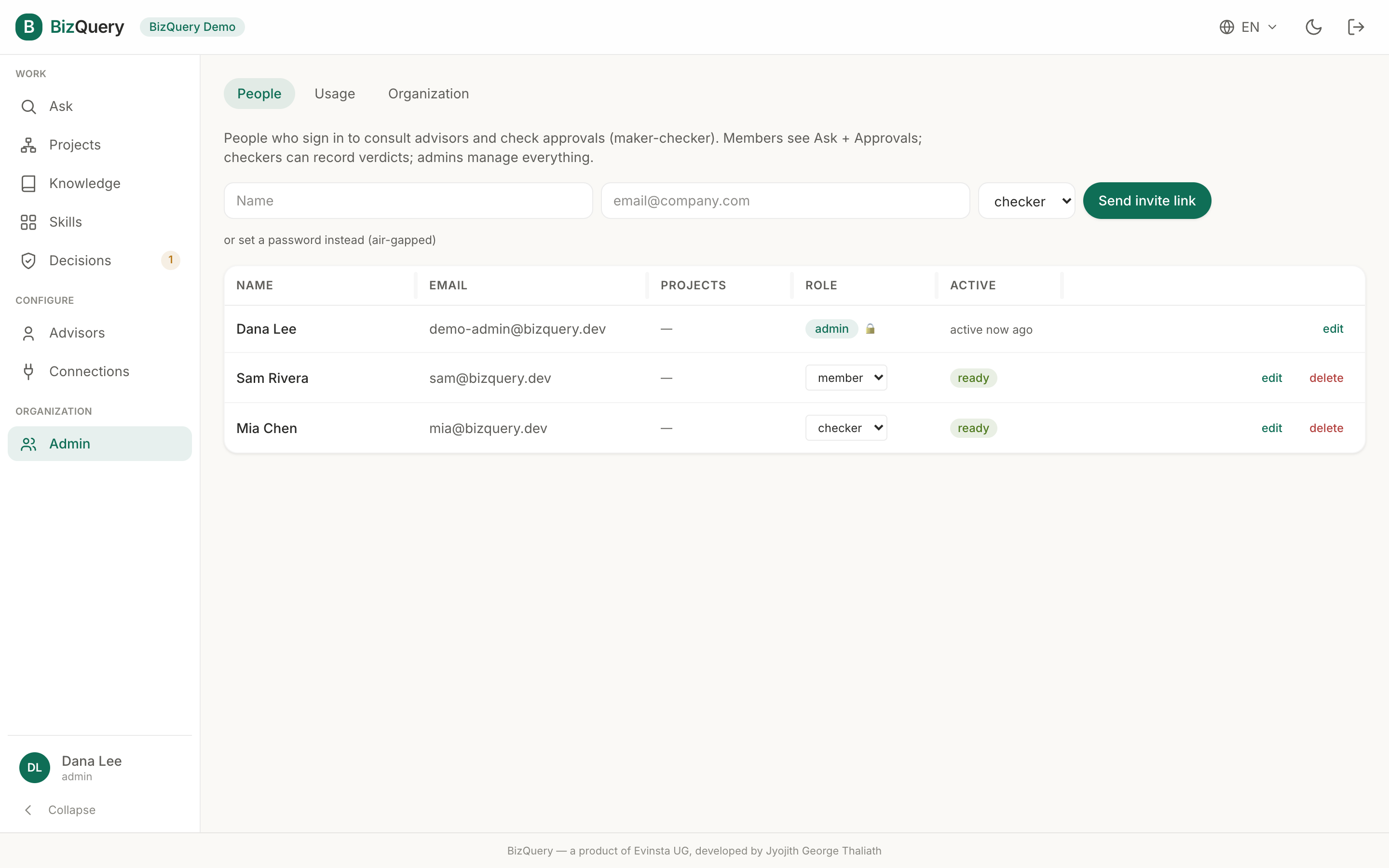 Screenshot of the BizQuery Admin view