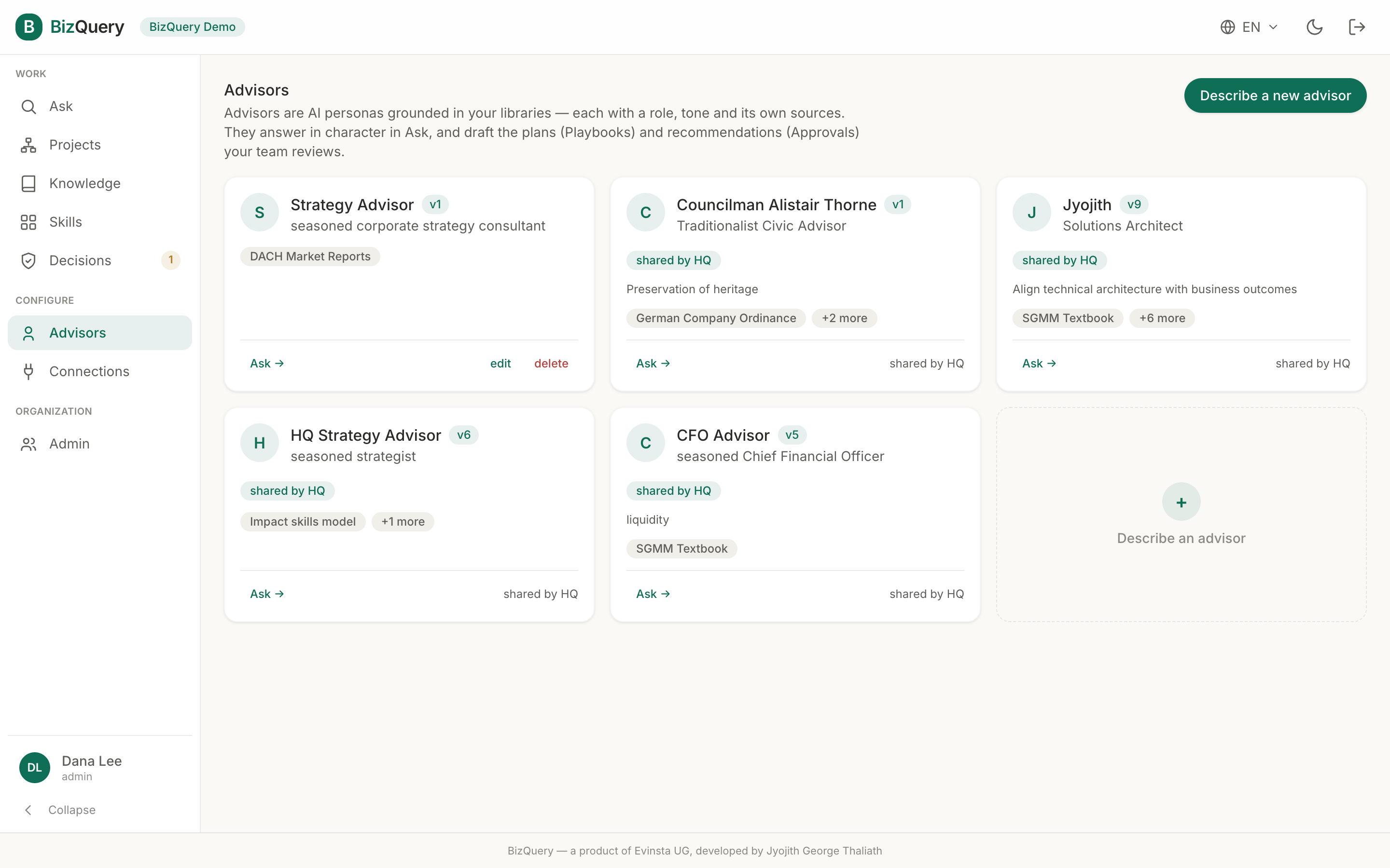 Screenshot of the BizQuery Advisors view