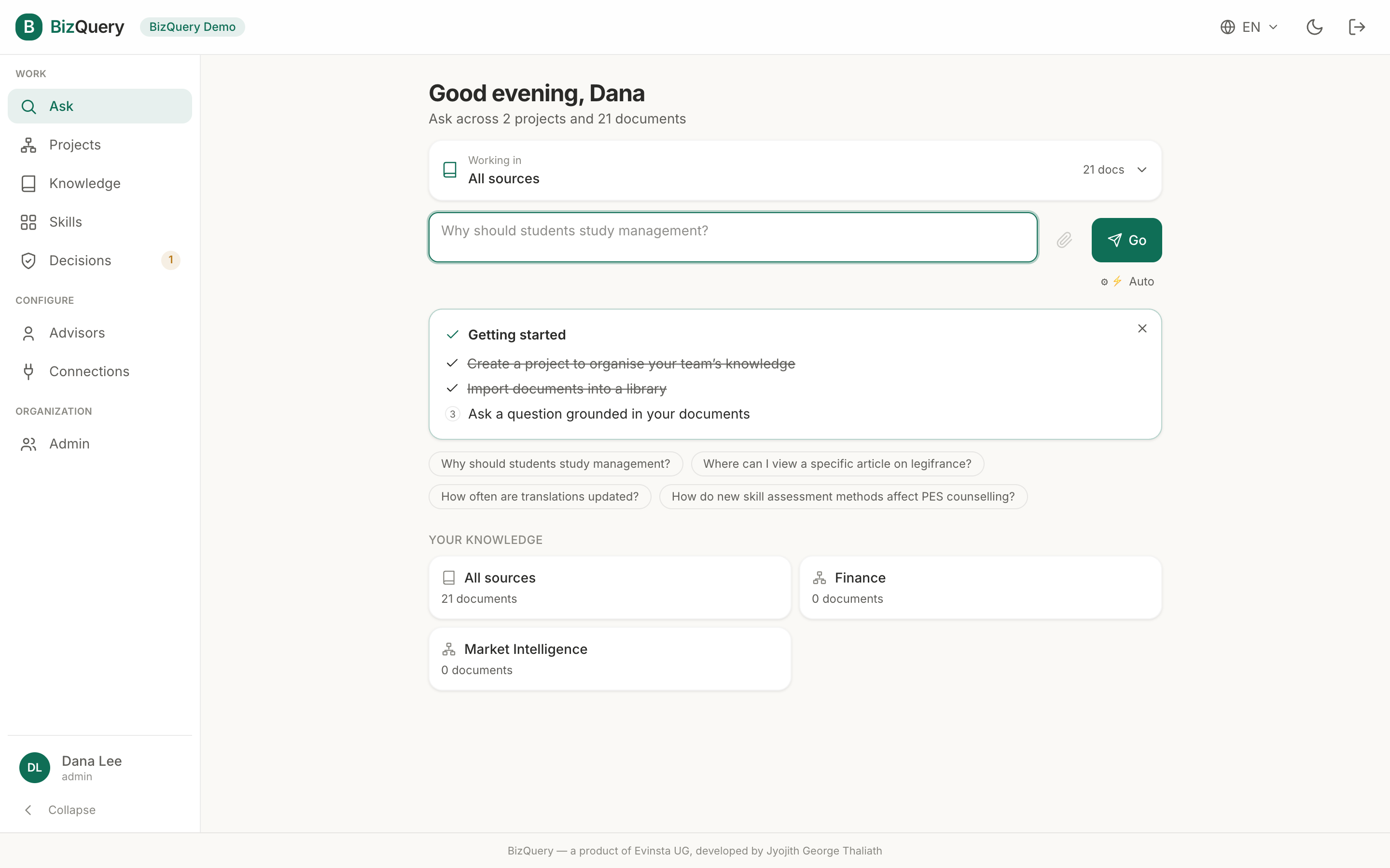Screenshot of the BizQuery Ask view