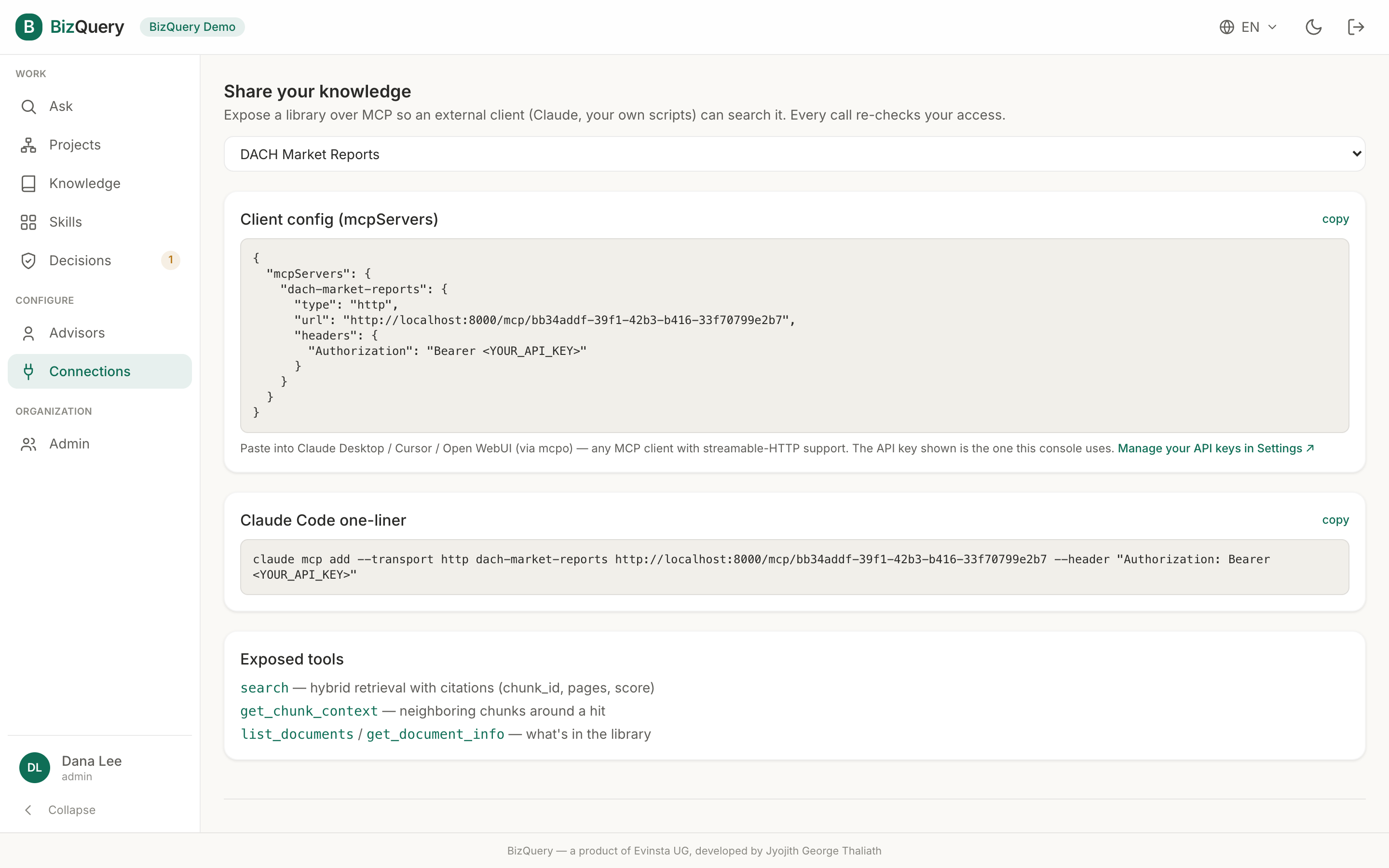 Screenshot of the BizQuery Connections view