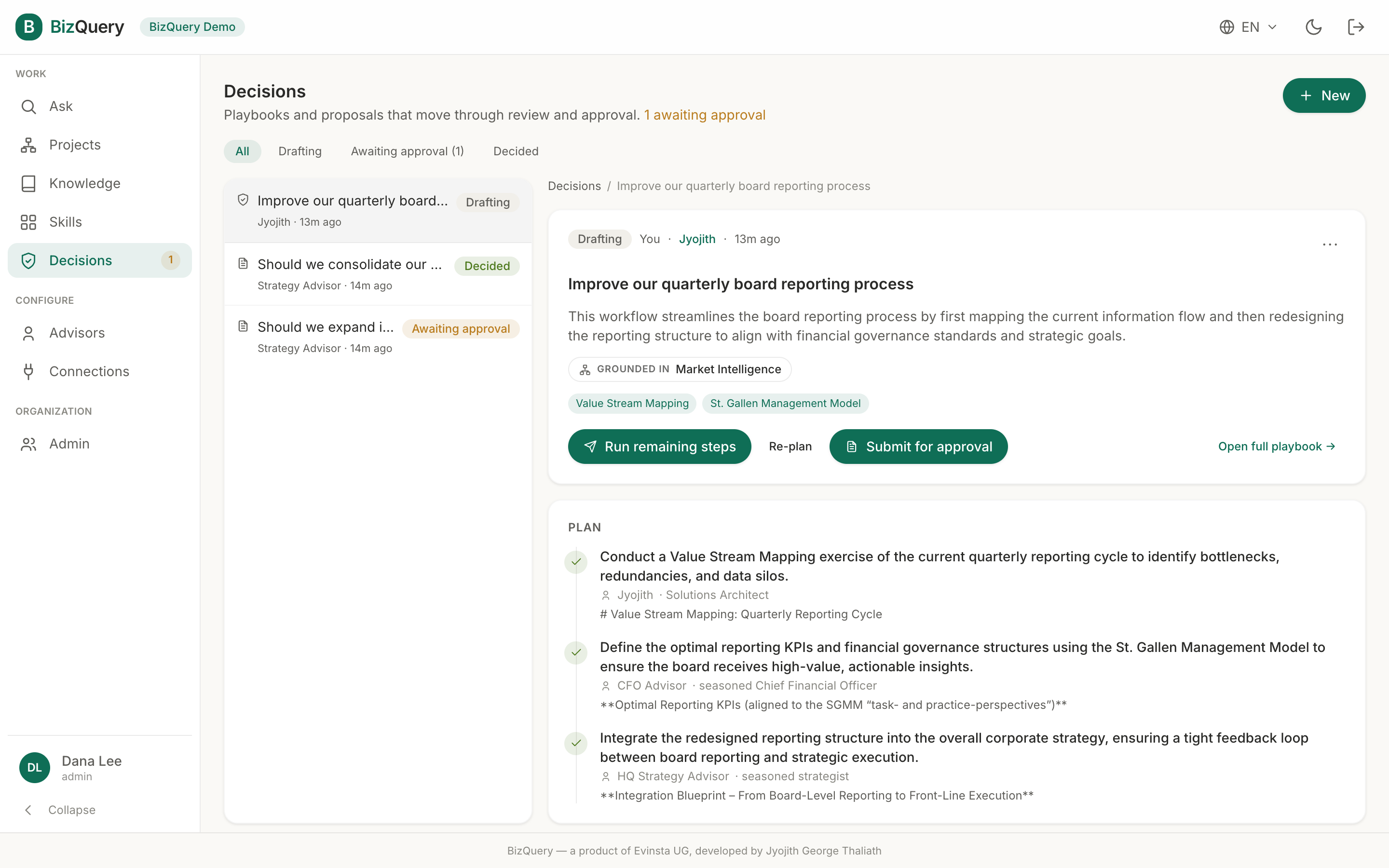 Screenshot of the BizQuery Decisions view