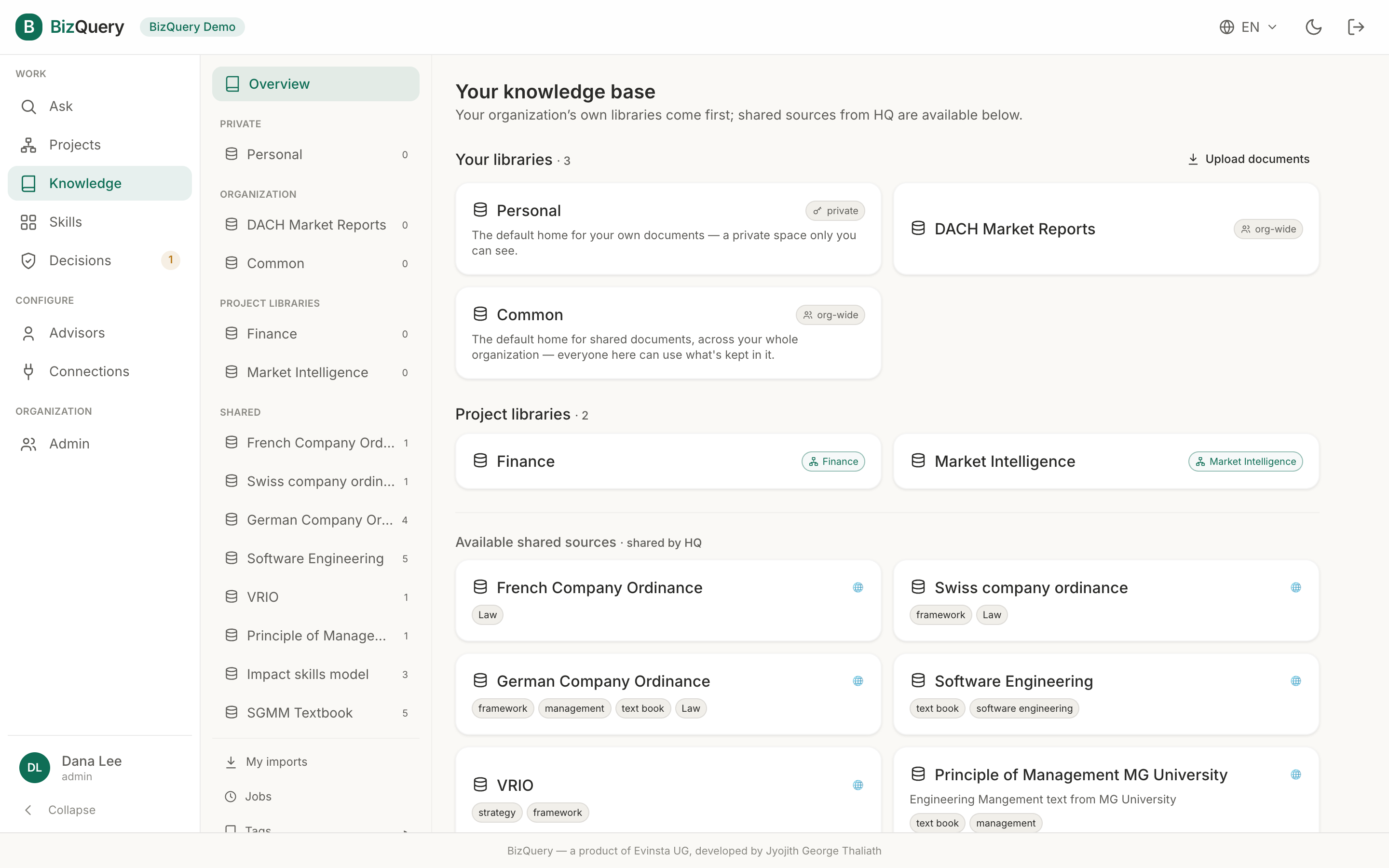Screenshot of the BizQuery Knowledge view