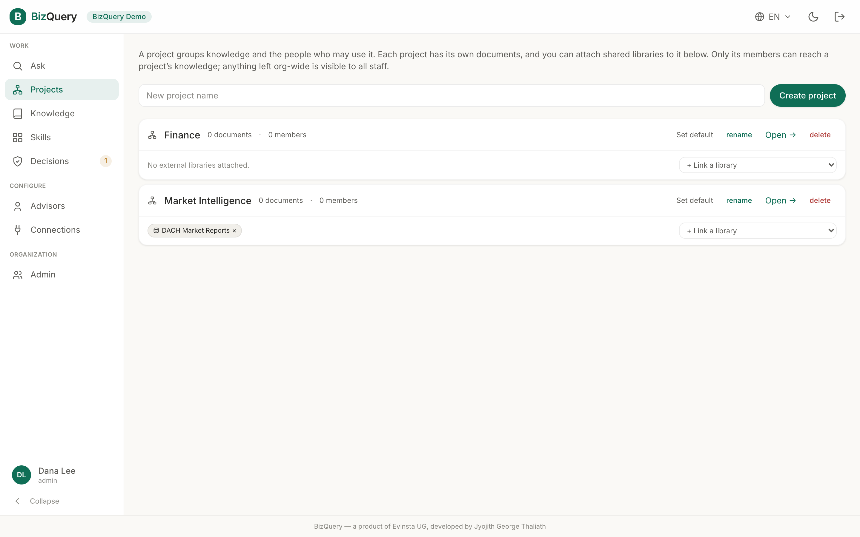 Screenshot of the BizQuery Projects view