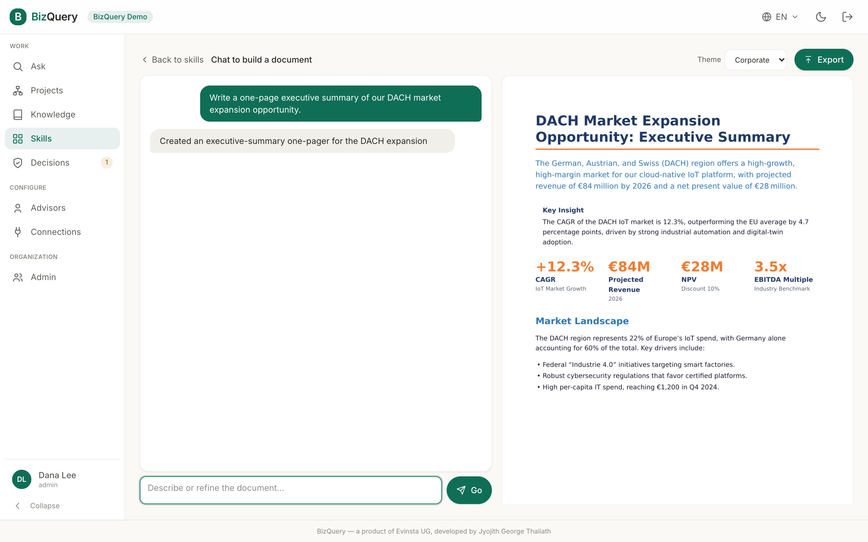 Screenshot of the BizQuery Skills view