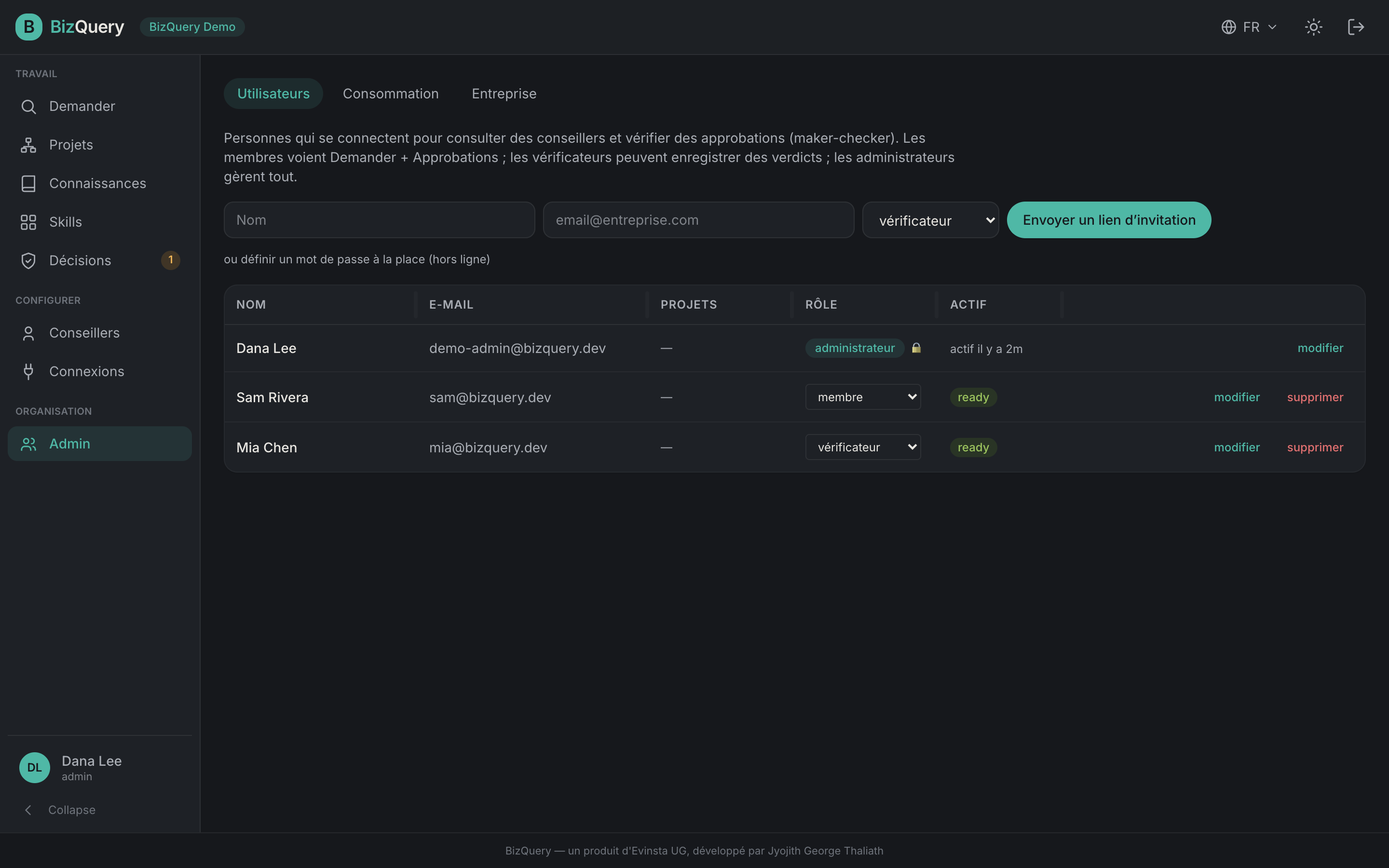 Capture d'écran de la vue Admin de BizQuery