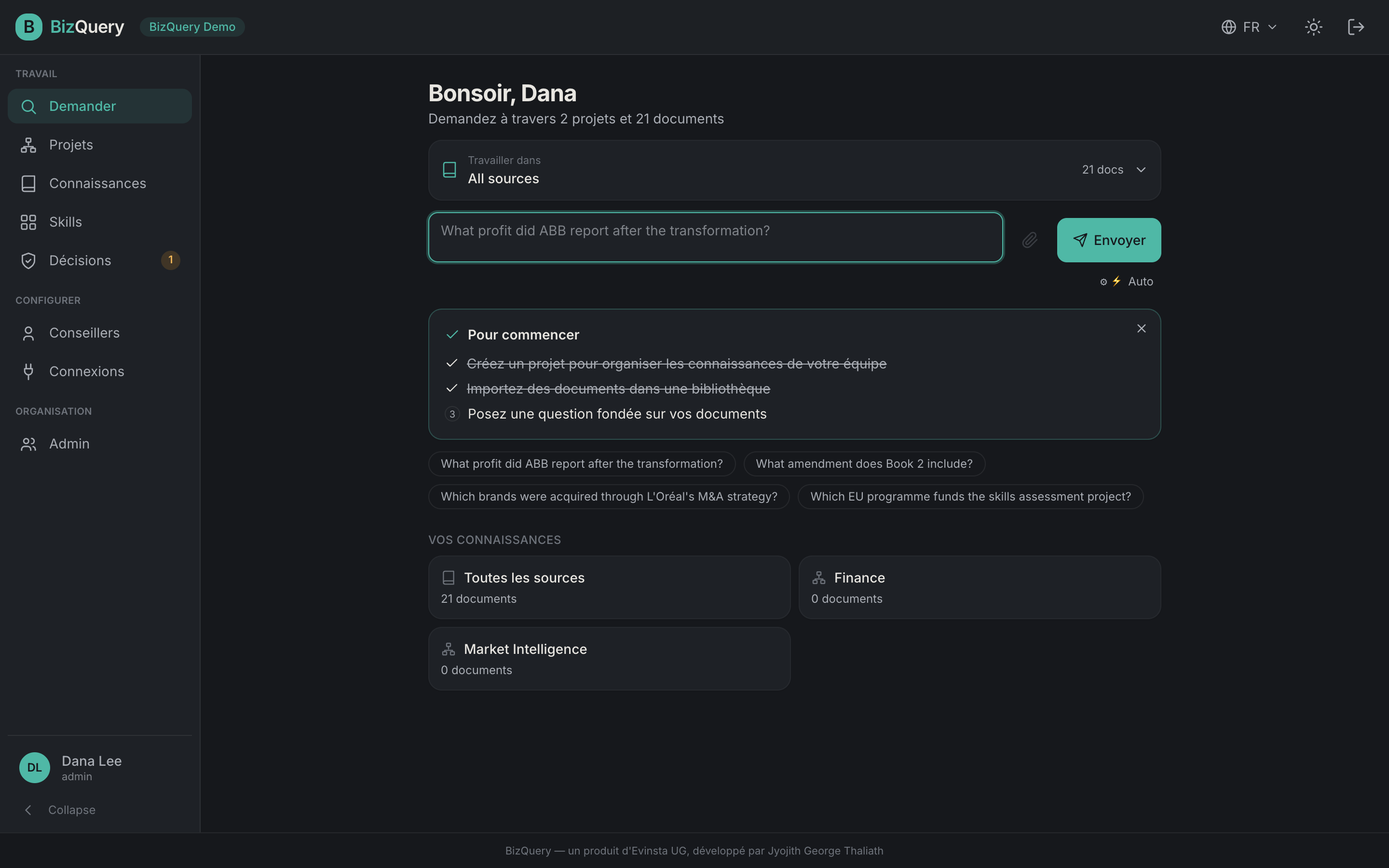 Capture d'écran de la vue Demander de BizQuery