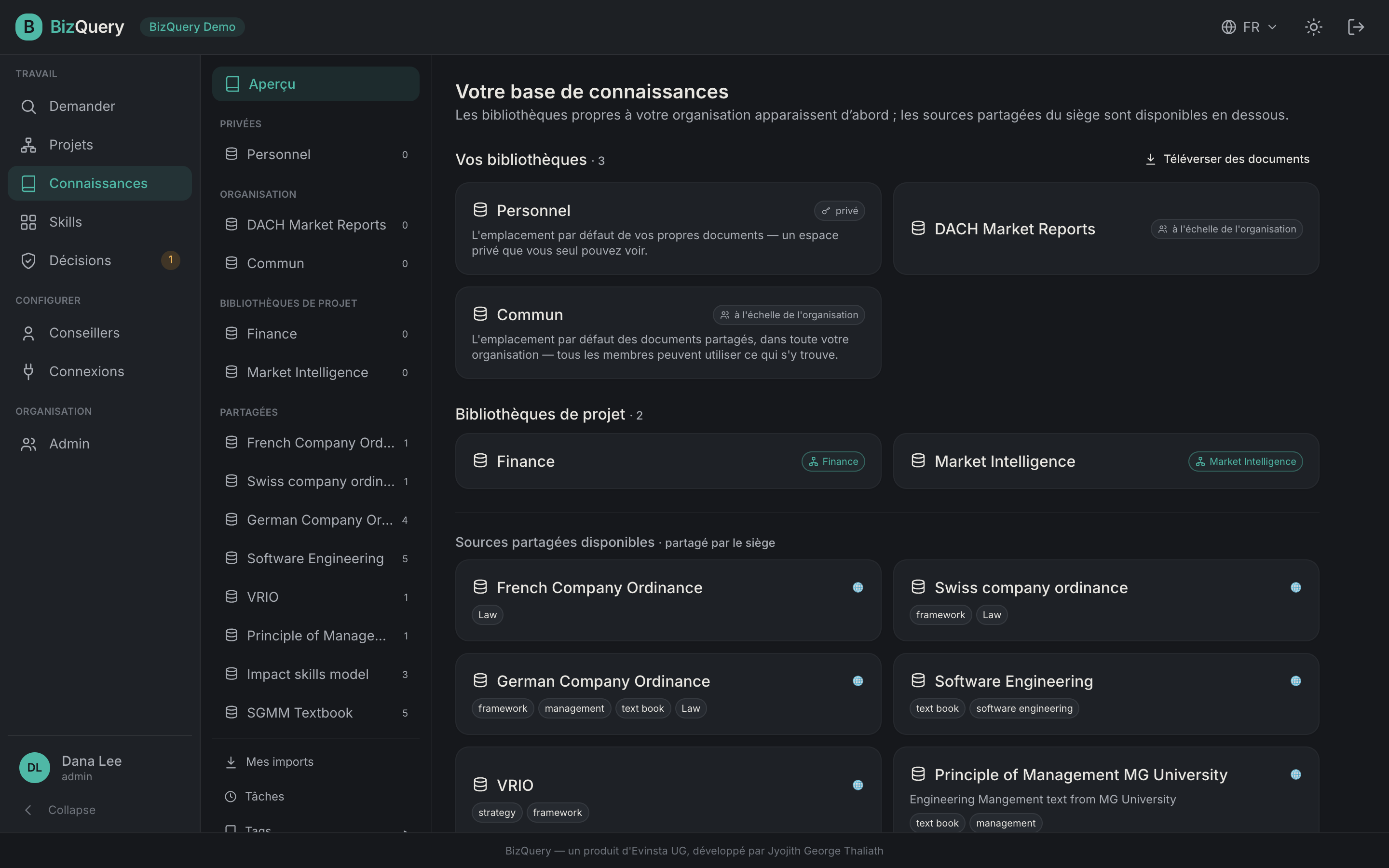 Capture d'écran de la vue Connaissances de BizQuery