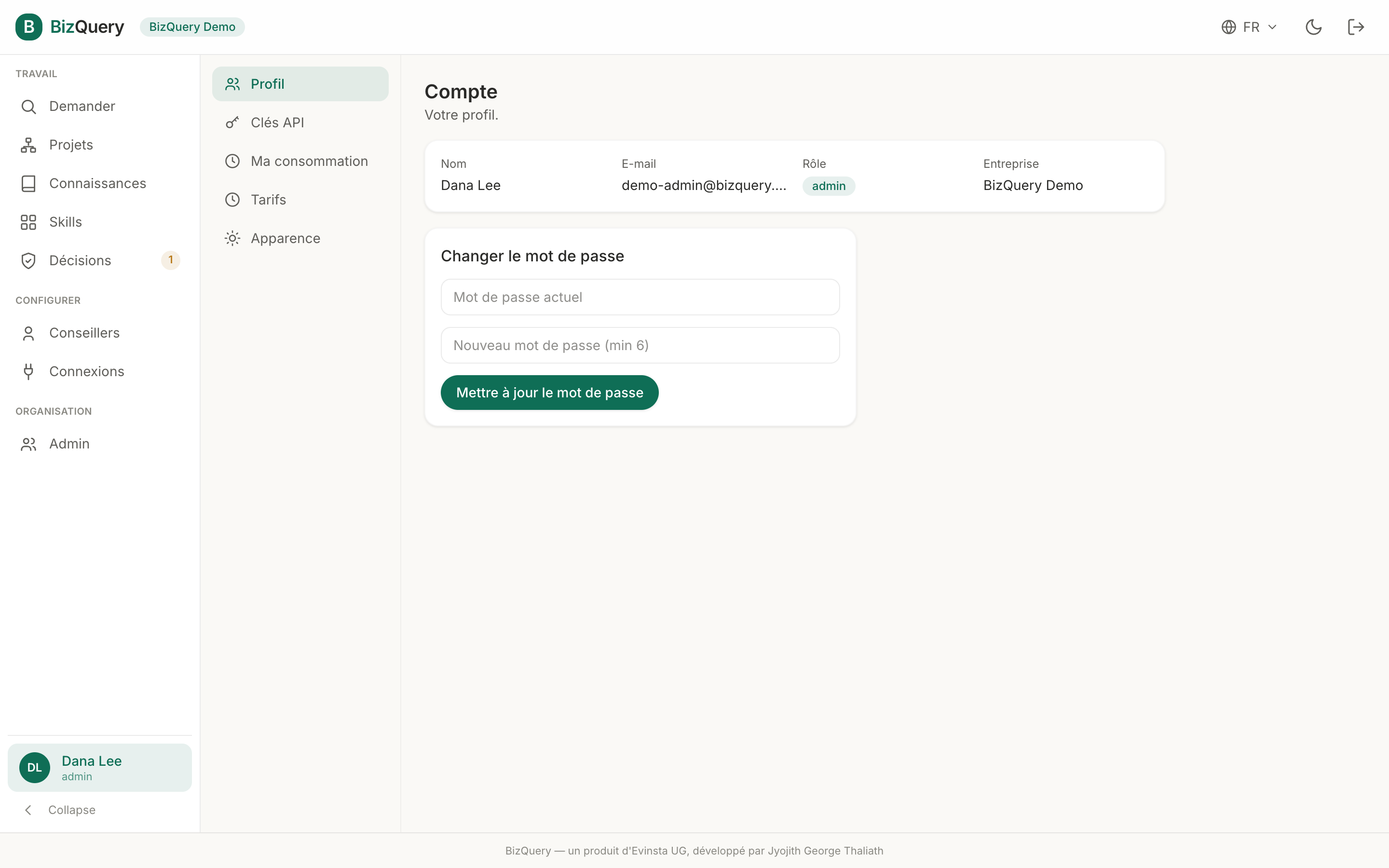 Capture d'écran des paramètres du compte BizQuery