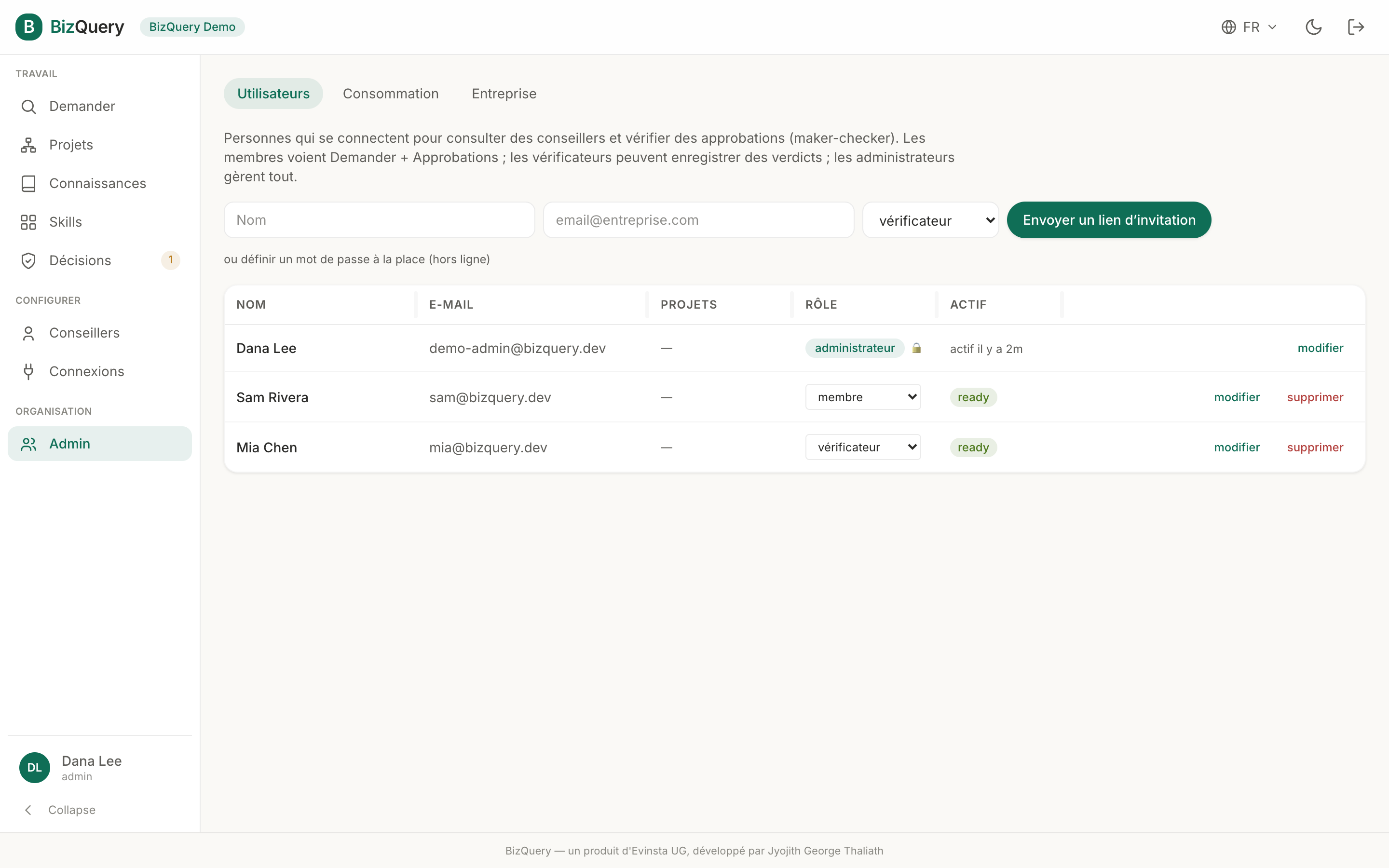 Capture d'écran de la vue Admin de BizQuery