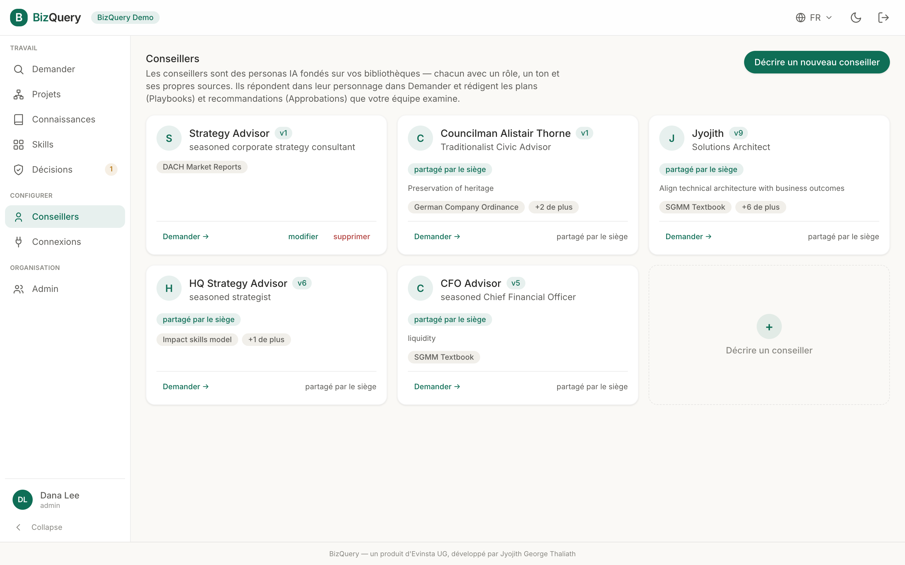 Capture d'écran de la vue Conseillers de BizQuery
