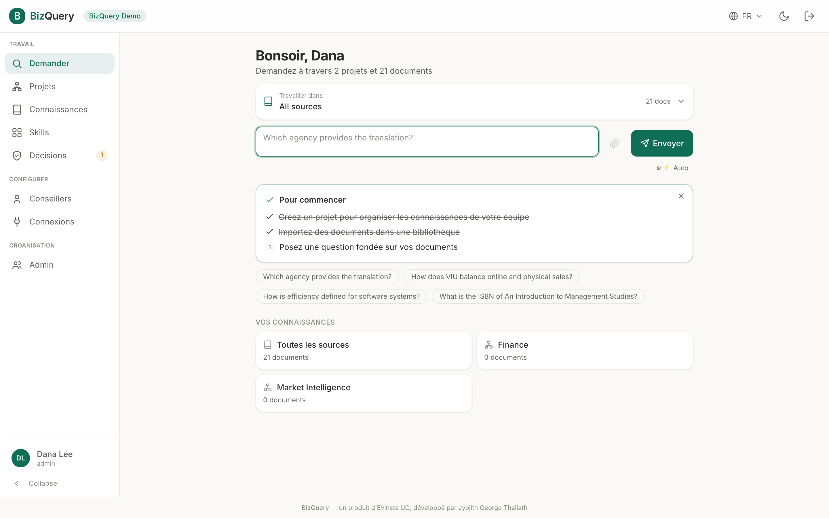 Capture d'écran de la vue Demander de BizQuery
