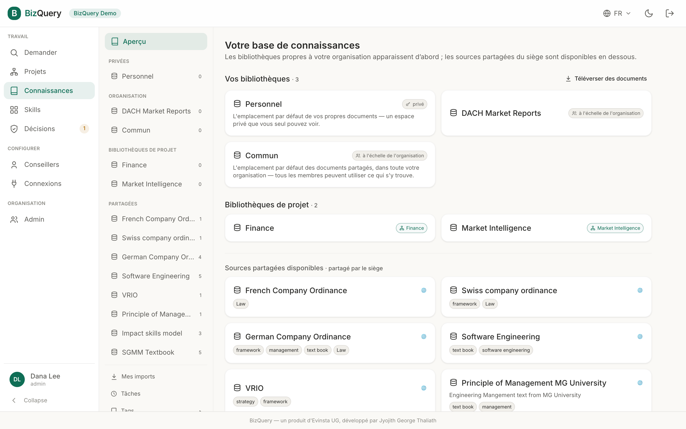 Capture d'écran de la vue Connaissances de BizQuery