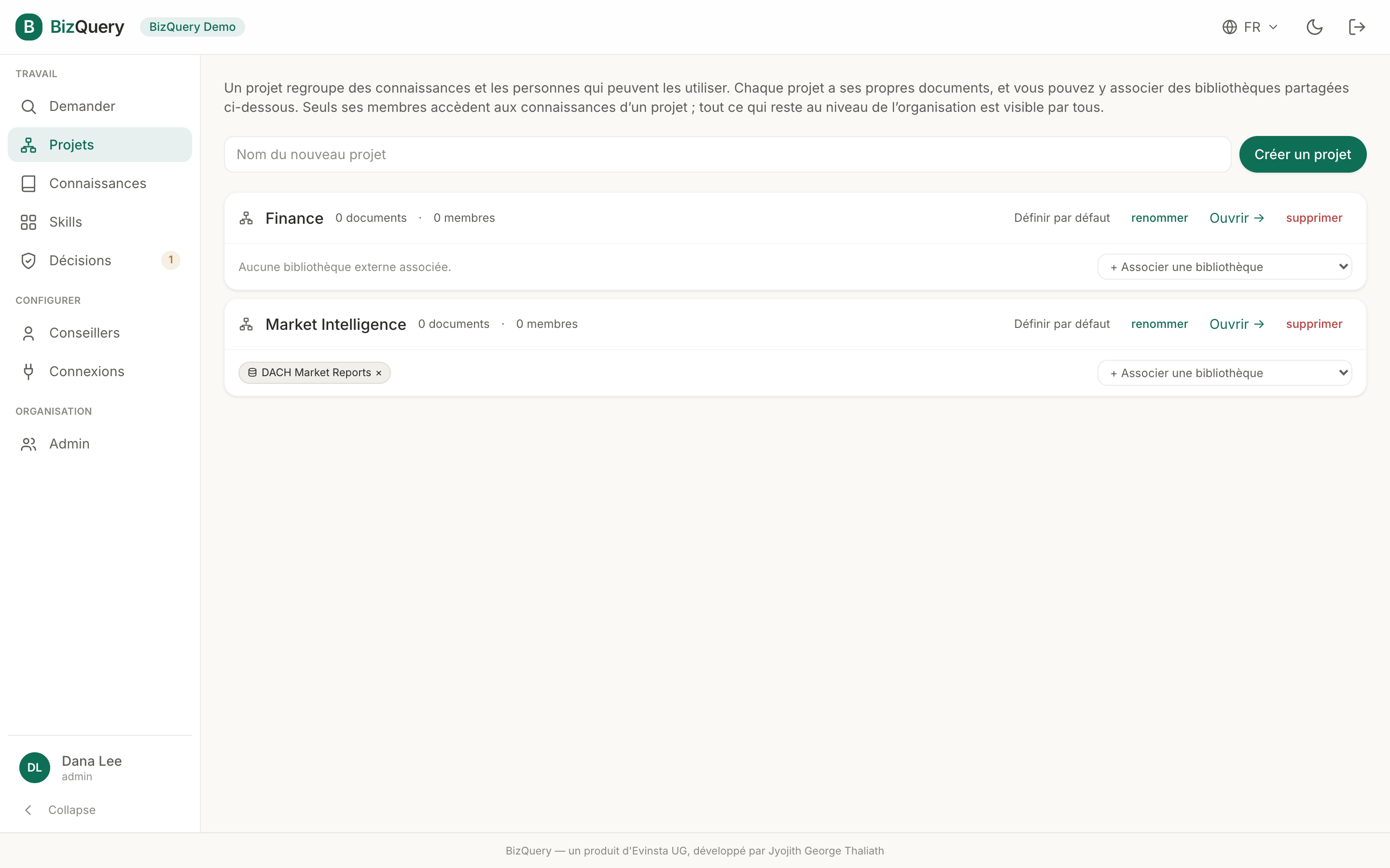 Capture d'écran de la vue Projets de BizQuery