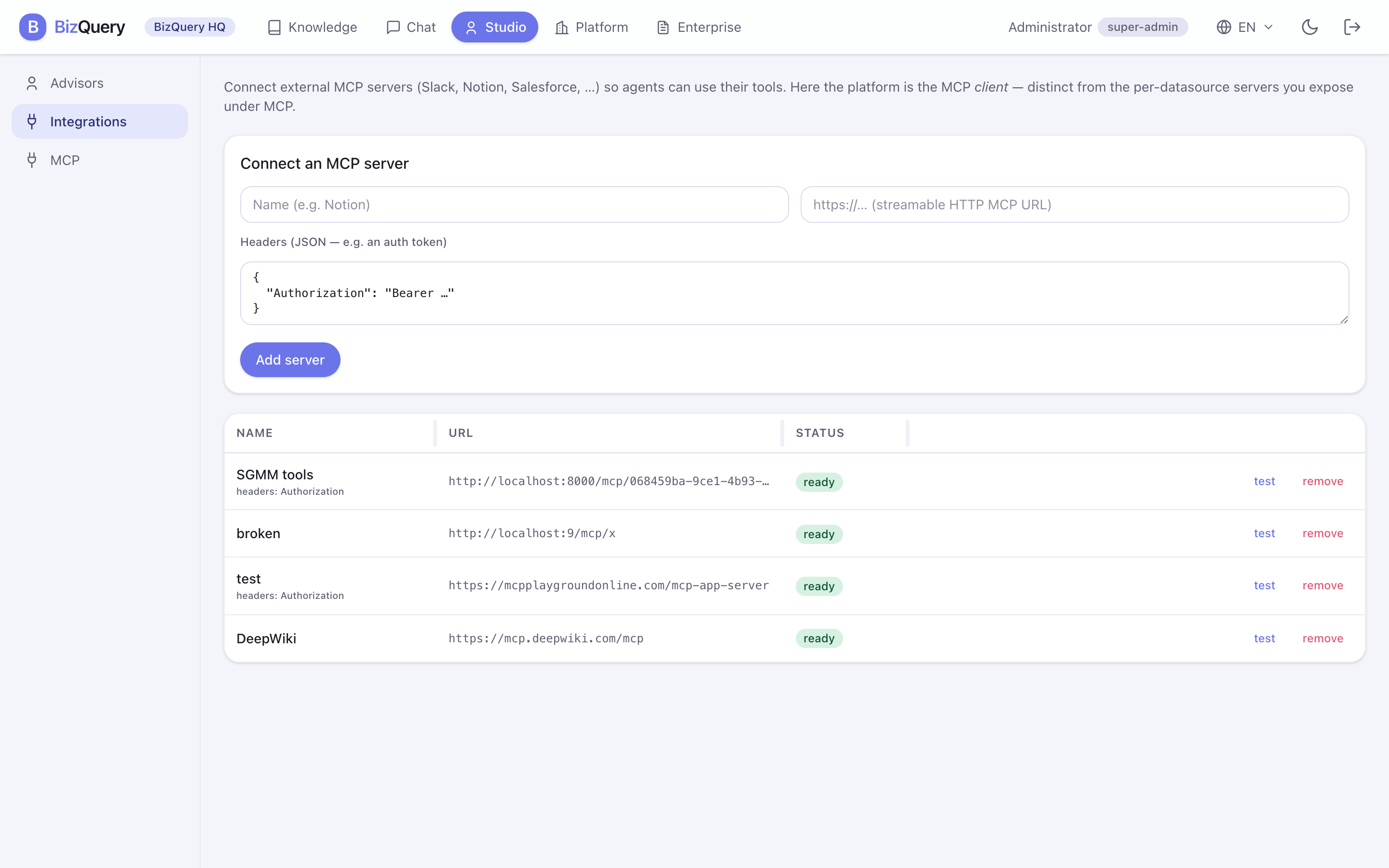 Screenshot der BizQuery-Studio-Integrationen