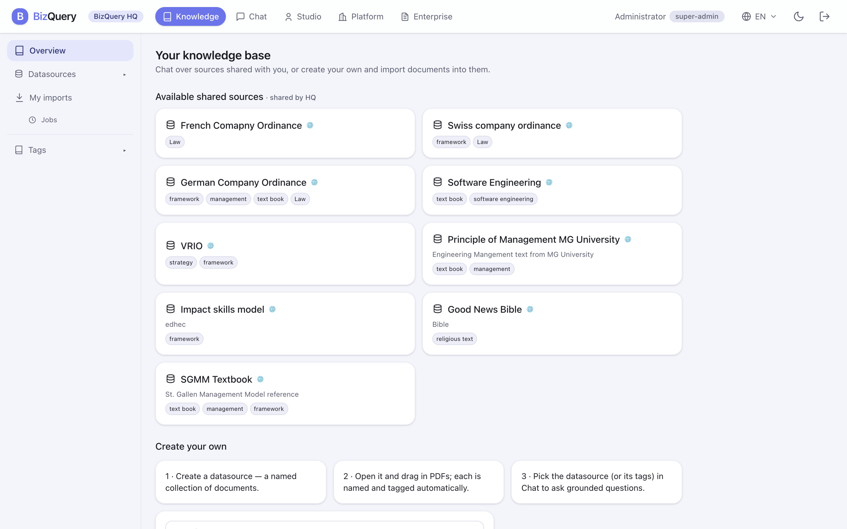 Screenshot der BizQuery-Ansicht: Wissen