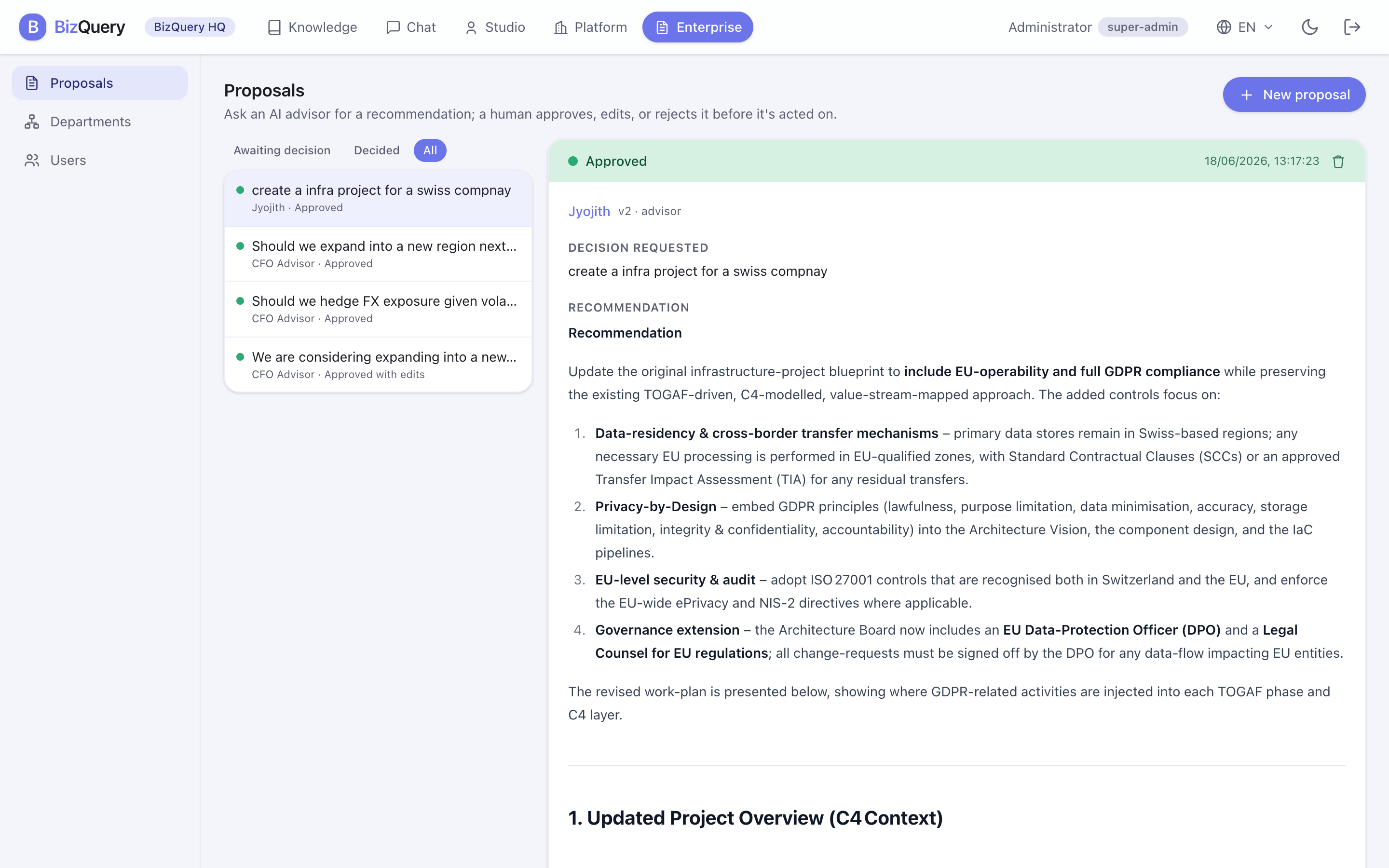 Screenshot der BizQuery-Ansicht: Vorschläge